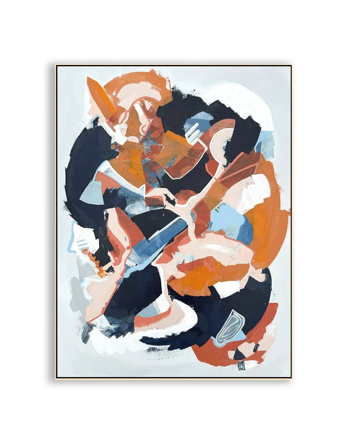 Abstract painting with layered, interlocking shapes in deep navy and black, contrasted by vivid orange, coral, and light blue on a pale gray background. Broad curved forms surround a central cluster of angular blocks and sweeping strokes, creating a 
