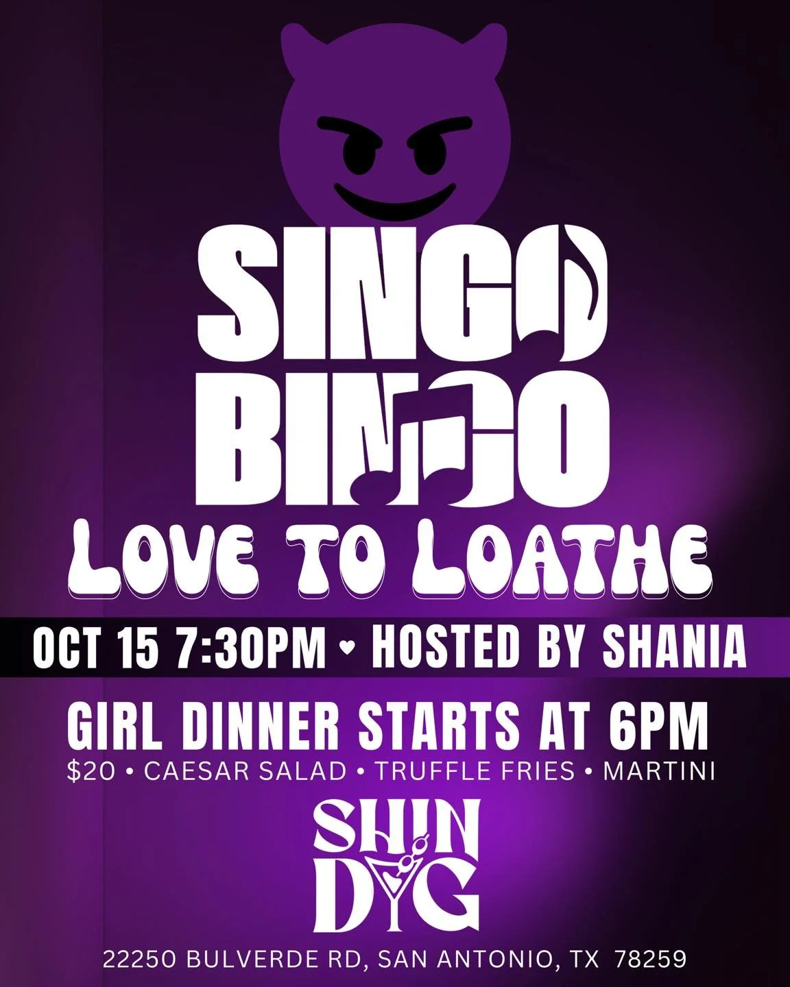 😈Singo Bingo Wednesday at Shindig! 😈

Join us this Wednesday, October 15th at 7:30PM for this week&rsquo;s Singo Bingo theme: &ldquo;Love to Loathe&rdquo; 💔💕
with all the I&rsquo;m better with out you vibes 😈✨

Come early for ✨Girl Dinner✨ start