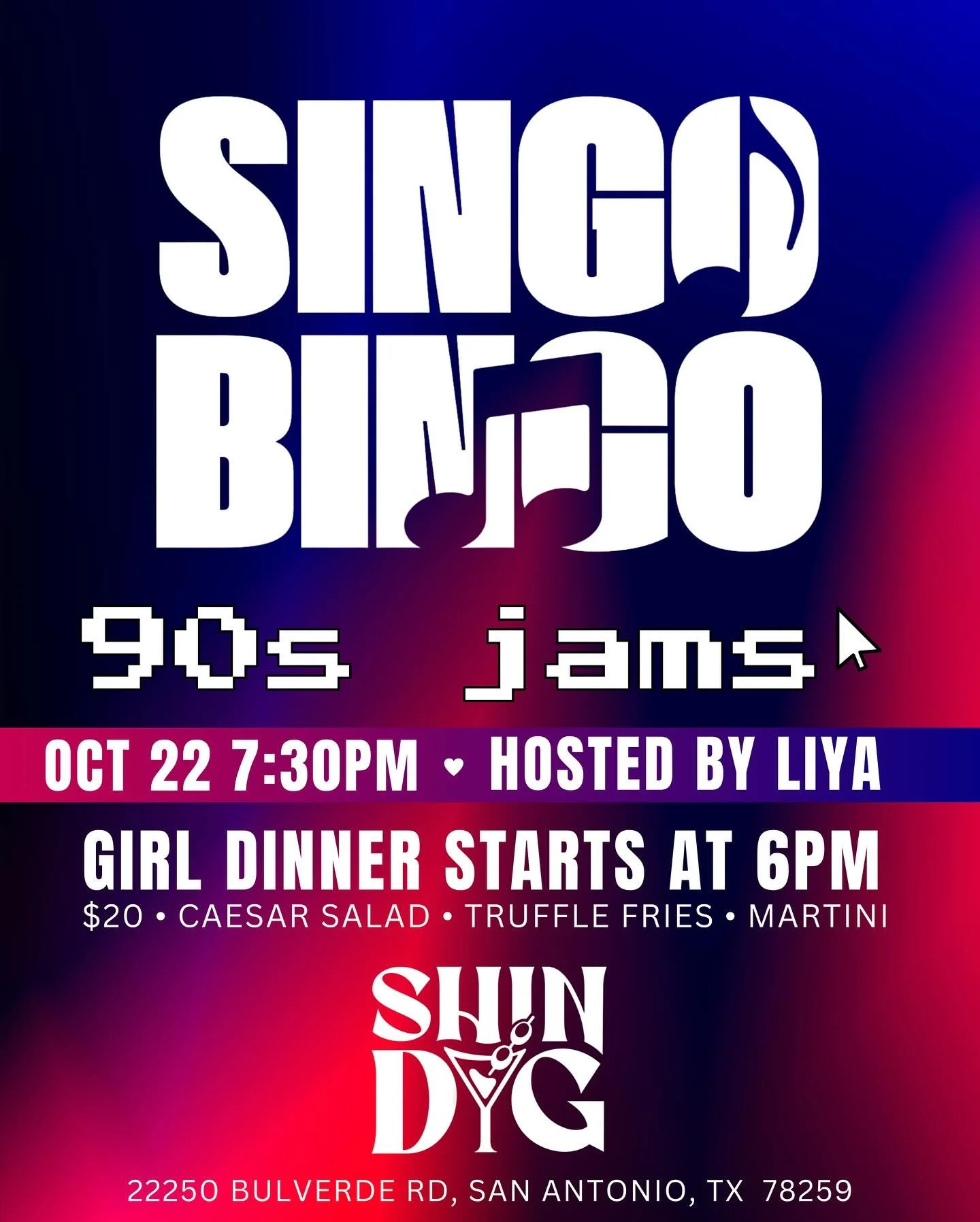 β¨ It’s TONIGHT at Shindig! πΆπΏ
Join us Wednesday, Oct 22 at 7:30PM for Singo Bingo: 90s Jams hosted by Liya! π€
Sing along to all your favorite throwback hits while competing for prizes and bragging rights — it’s bingo, but way mo