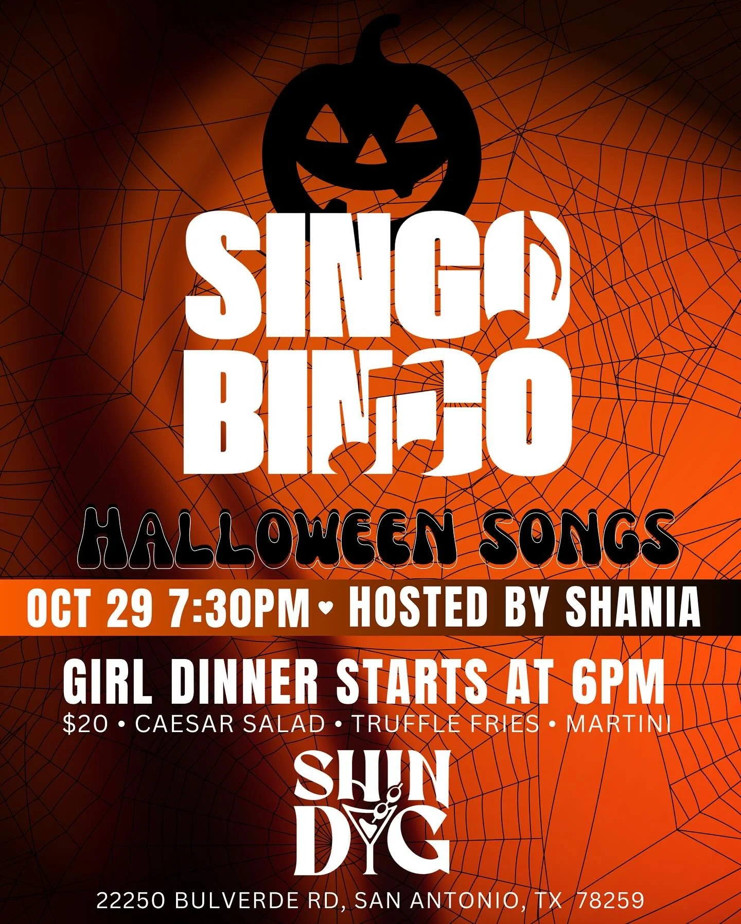 ππ» It’s a spooky Singo Bingo night at Shindig! π»π
Join us this Wednesday, Oct 29 at 7:30PM for a Halloween Songs edition of Singo Bingo — hosted by Shania! π€πΈοΈ
Sing, laugh, and test your spooky music knowledge while sipping on your