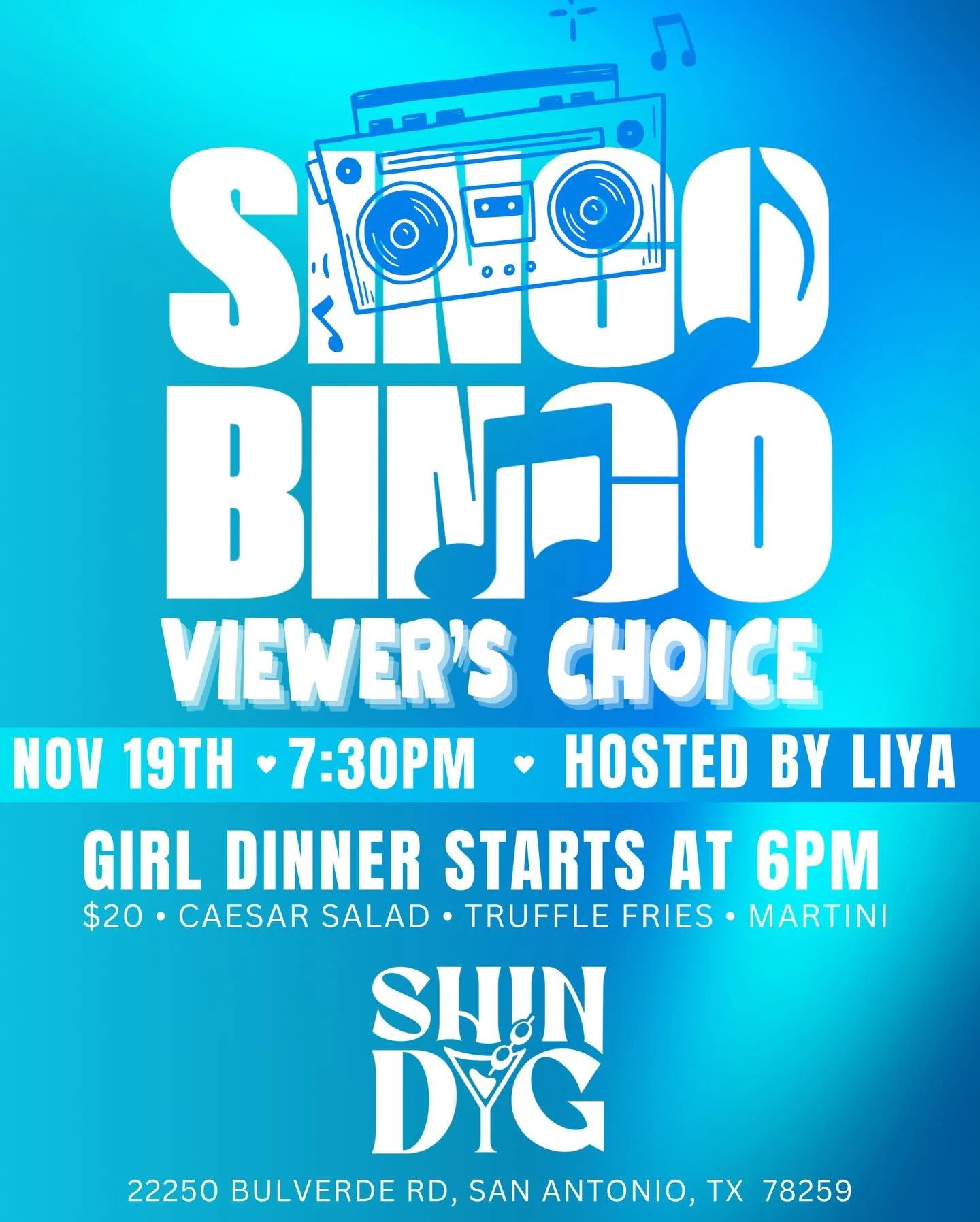 🎶 SINGO NIGHT at SHINDIG &mdash; TONIGHT! 🎶
Viewer&rsquo;s Choice edition kicks off at 7:30PM with your host Liya!

✨ GIRL DINNER starts at 6PM
$20 includes: Caesar Salad &bull; Truffle Fries &bull; Martini 💅

Bring your crew, sing your favorites,