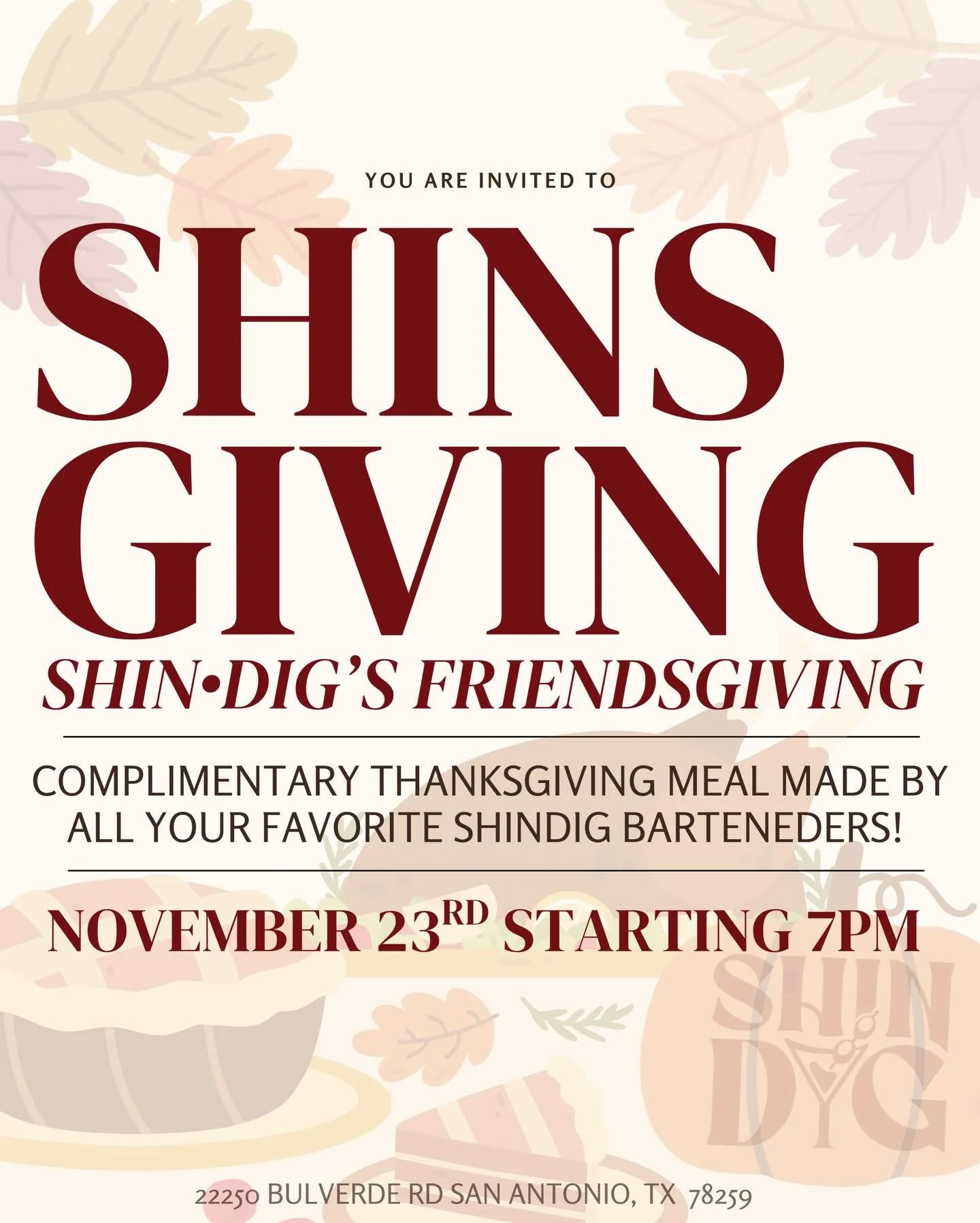 For all our favorite regulars and friends &mdash; this one&rsquo;s for y&rsquo;all! 🧡
Join us for Shin&bull;Dig&rsquo;s SHINSGIVING on Sunday, November 23rd starting at 7PM!

We&rsquo;re serving up a complimentary Thanksgiving meal made with love by