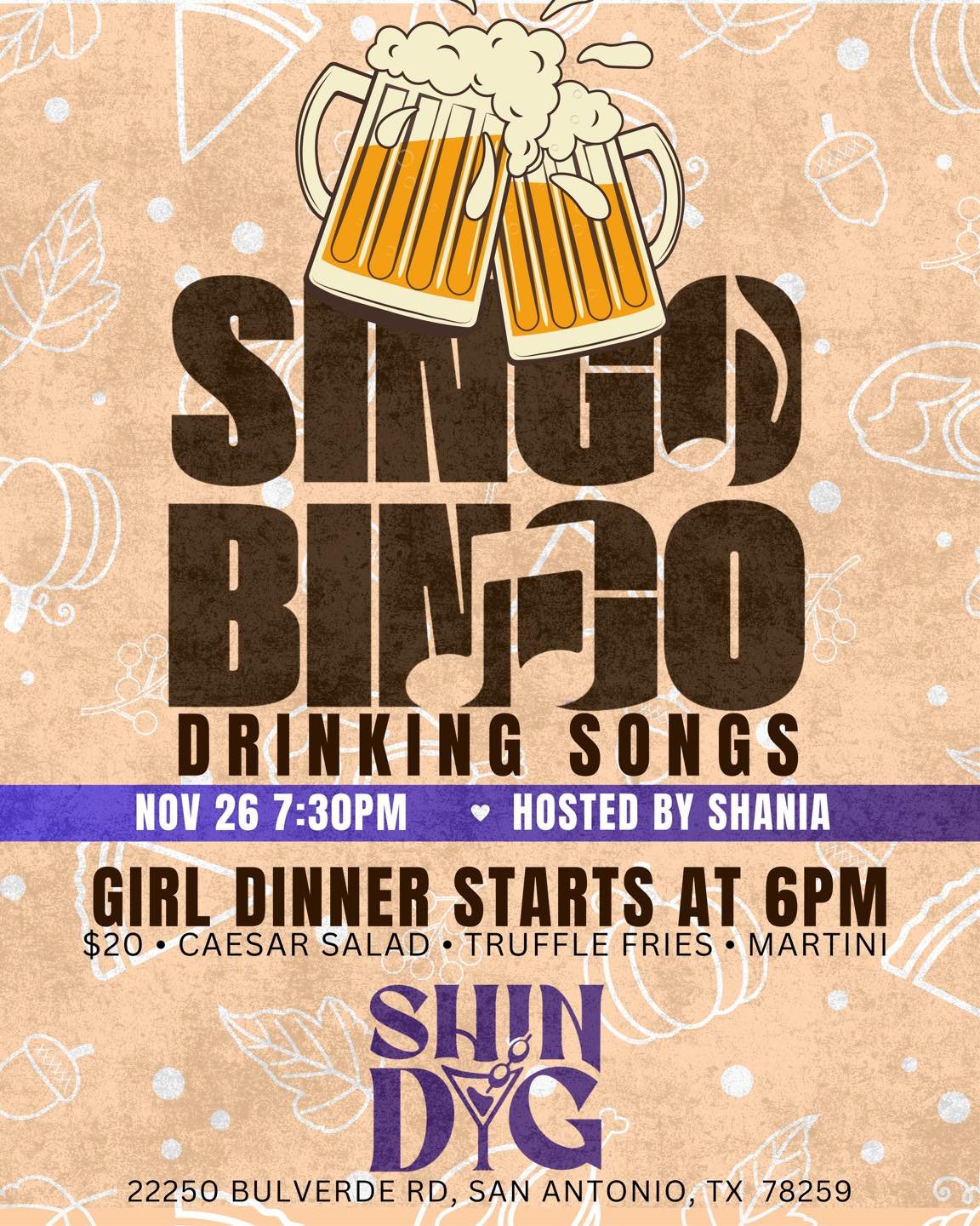 Singo Bingo tonight at Shindig 🎶🧡
It&rsquo;s Drinking Songs night, it&rsquo;s Thanksgiving Eve, and we&rsquo;re ready to sing, sip, and win some prizes!
Grab your crew, grab a drink, and come play Singo Bingo with us tonight, November 26 @7:30pm! ?