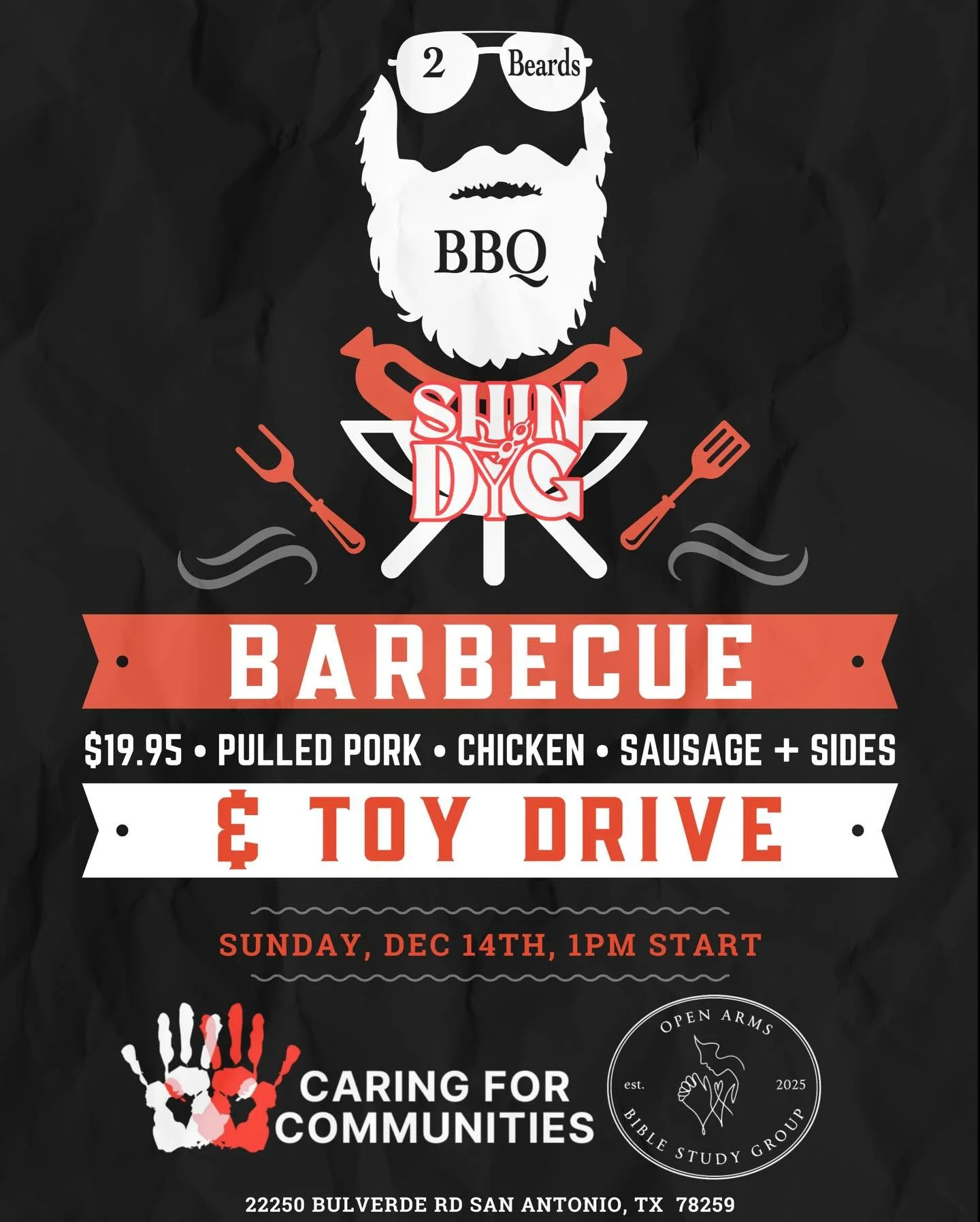 🔥 TODAY AT SHINDIG! 🔥
Join us here for a Barbecue with our friends from 2 Beards BBQ! 
&amp; Caring for Communities &amp; Open Arms Hosting the Toy Drive

🍖 BBQ Plates &ndash; $19.95
Pulled pork, chicken, sausage + all the sides you love!
🎁 Toy D