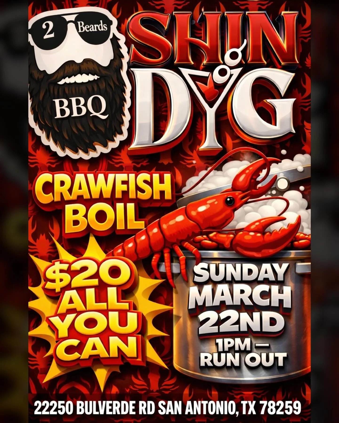 Who&rsquo;s ready for a Sunday crawfish feast? 🦞🔥

THIS SUNDAY, March 22nd
Our friends 2 Beards BBQ are taking over the boil at Shindig with

💥 $20 ALL YOU CAN EAT CRAWFISH
🌽 All The Fixin&rsquo;s
⏰ Starts at 1PM
⚠️ Until it&rsquo;s gone

Grab a 