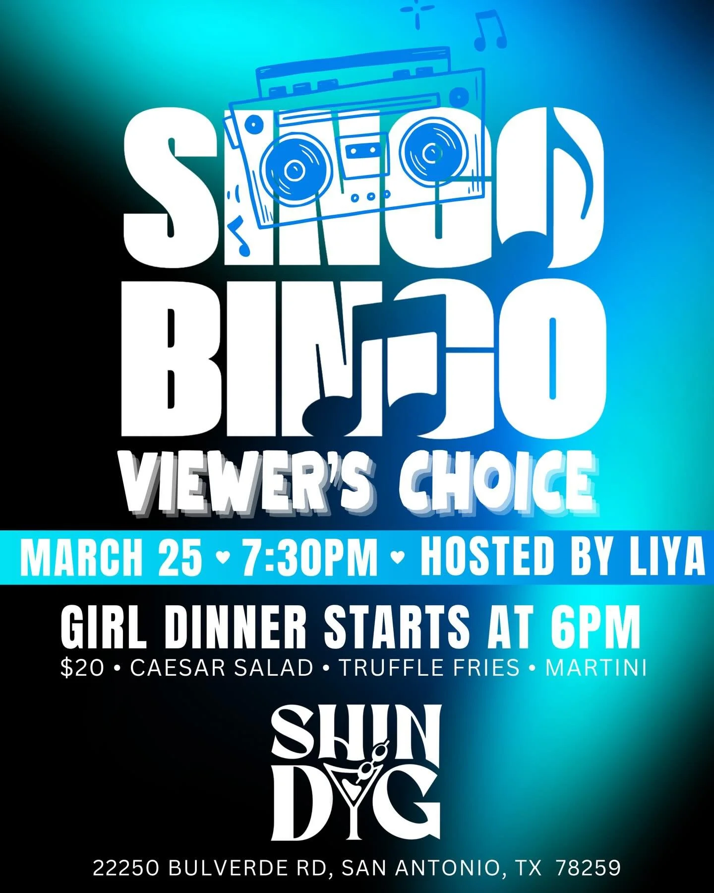 Sound on, drinks up 🎶✨

Tomorrow night it&rsquo;s Singo Bingo: Viewer&rsquo;s Choice&mdash;you pick the jams, we bring the vibes 🎤🎵
Hosted by Liya starting at 7:30PM!

Come early for Girl Dinner at 6PM 🍸
$20 gets you: Caesar salad &bull; truffle 