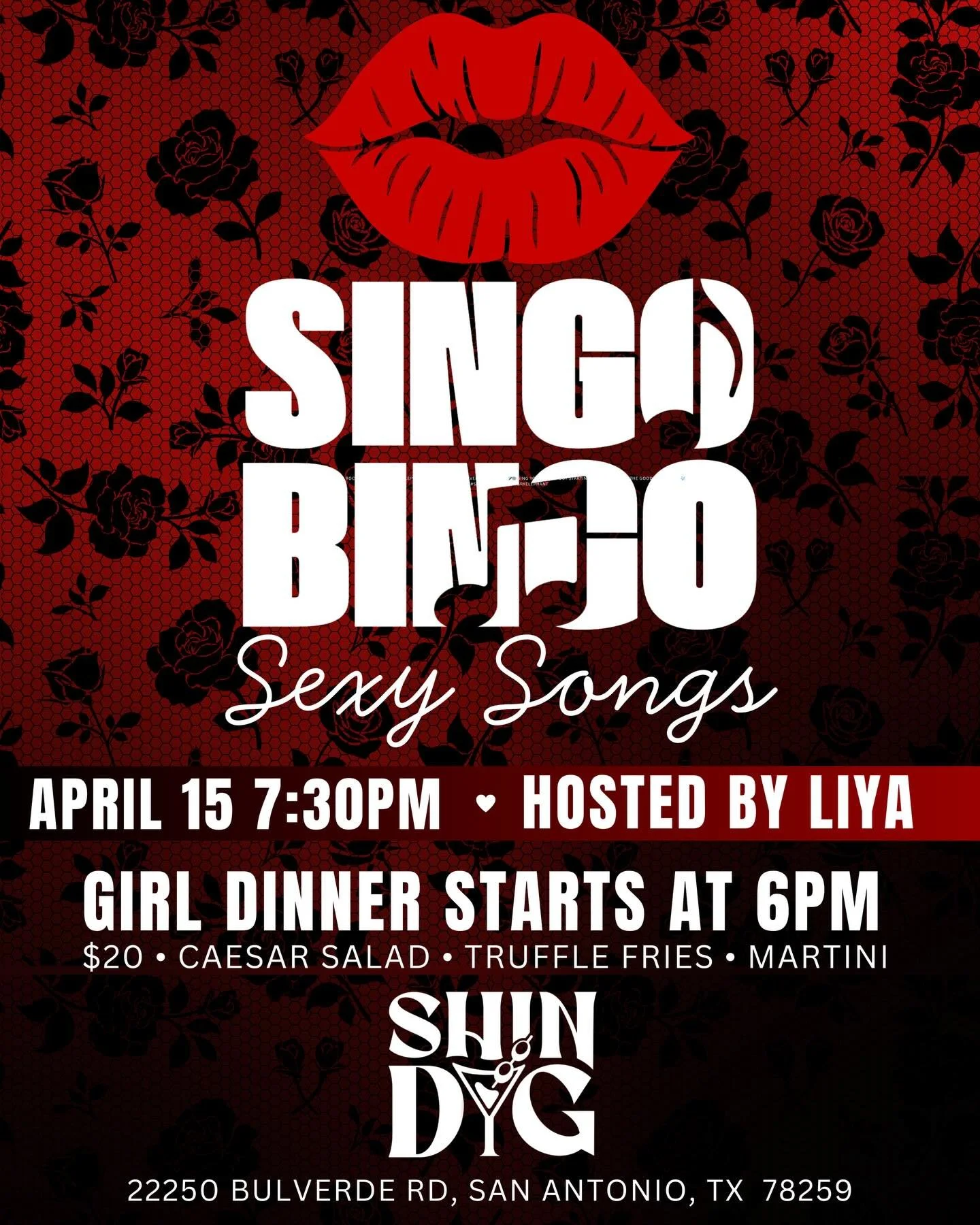 Singo but make it ✨sexy✨

Join us tonight for Sexy Songs Singo 🎶💋 hosted by Liya at 7:30PM &mdash; where the playlist is hot and the vibes are hotter.

Come early for Girl Dinner starting at 6PM 🍸
$20 gets you:
&bull; Caesar Salad
&bull; Truffle F