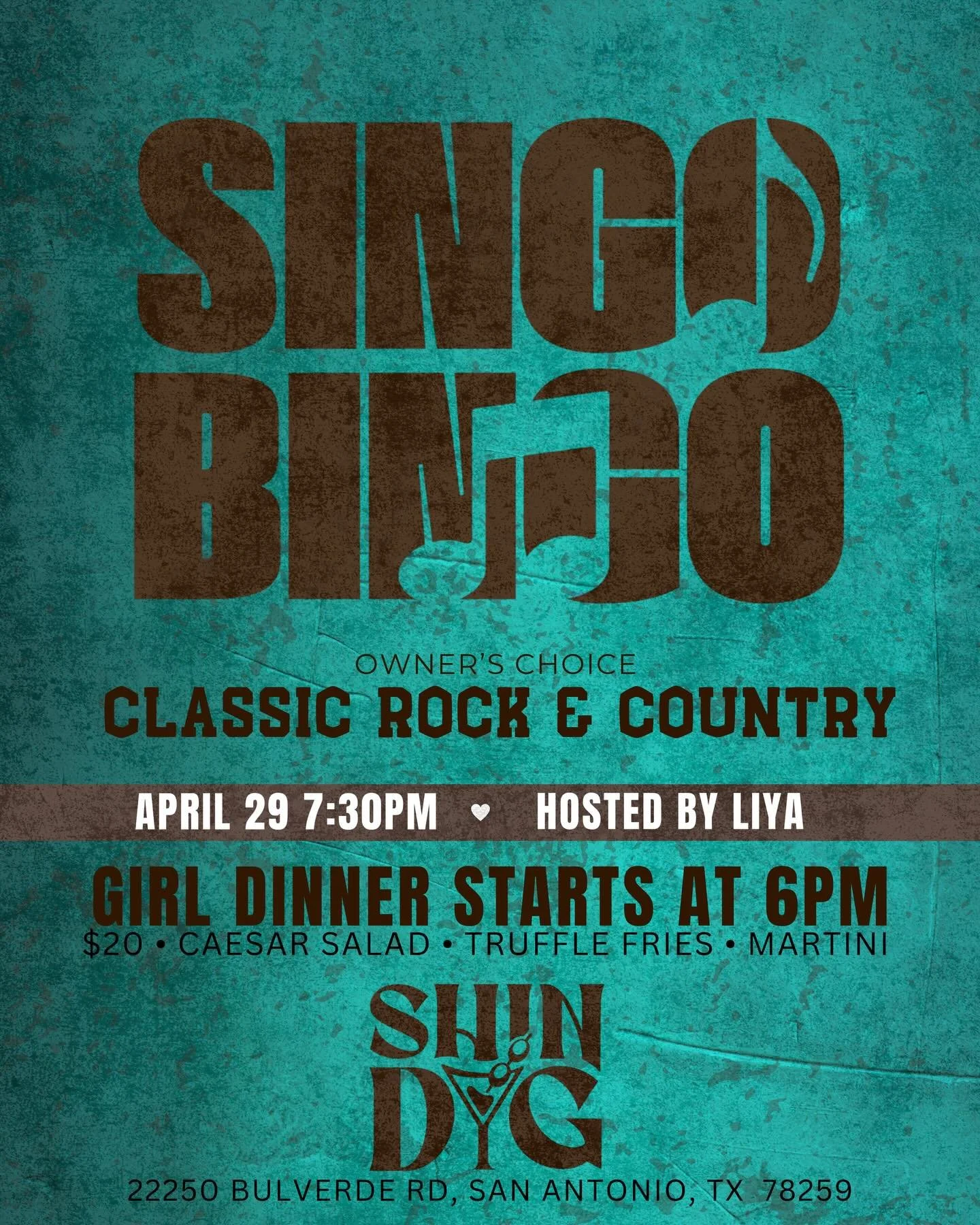 Midweek plans = handled 🎤✨
Singo Bingo is back this Wednesday at Shindig!

🎶 Classic Rock &amp; Country vibes
🗓 Wednesday, April 29
⏰ 7:30PM | Hosted by Liya

Come early for Girl Dinner starting at 6PM 🍸
$20 gets you a Caesar salad, truffle fries