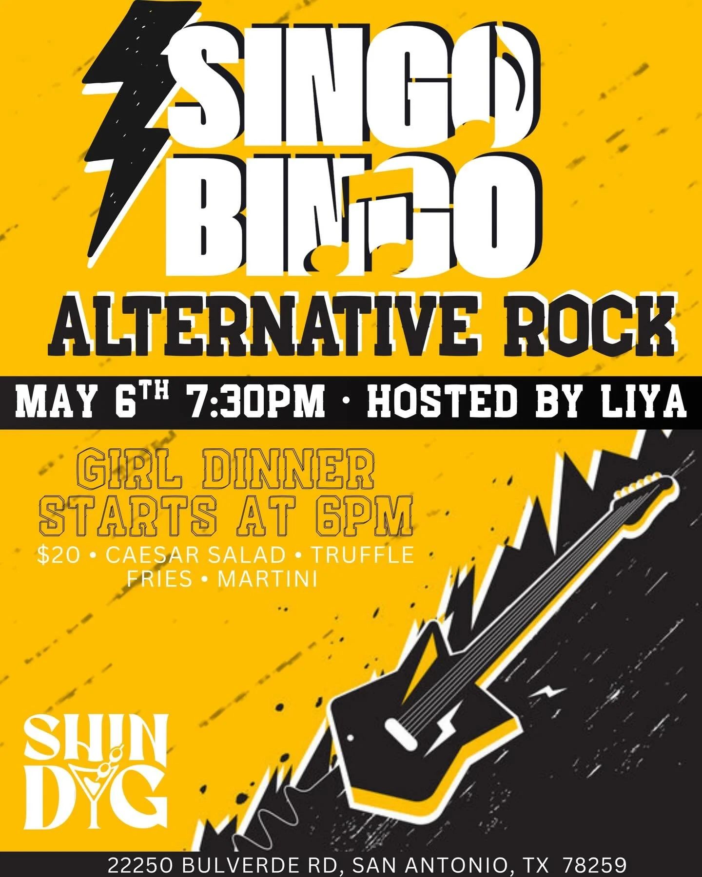 This Wednesday, May 6th we&rsquo;re turning it ALL the way up 🎸⚡️

SINGO BINGO: Alternative Rock edition kicks off at 7:30PM hosted by Liya &mdash; think your favorite alt hits, but make it bingo 👀

Come early for Girl Dinner at 6PM 🍸
$20 gets you