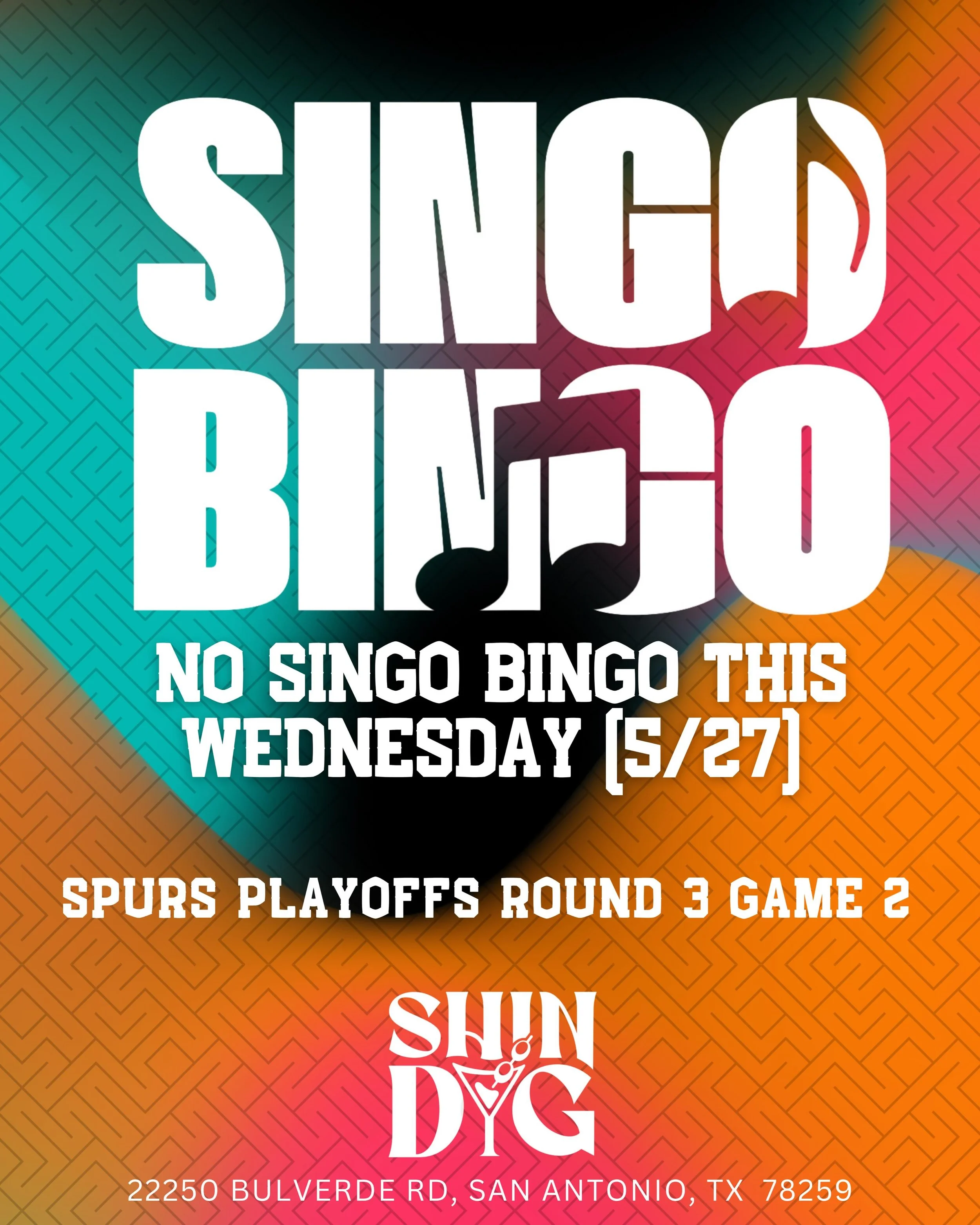 🎶 No Singo Bingo this Wednesday (5/27)! 🎶

We&rsquo;ll be locked in for Spurs Playoffs Round 3 Game 2 🏀🔥

Come watch the game with us at Shindig and we&rsquo;ll bring Singo Bingo back the following week 🍻

📍22250 Bulverde Rd, San Antonio, TX 78