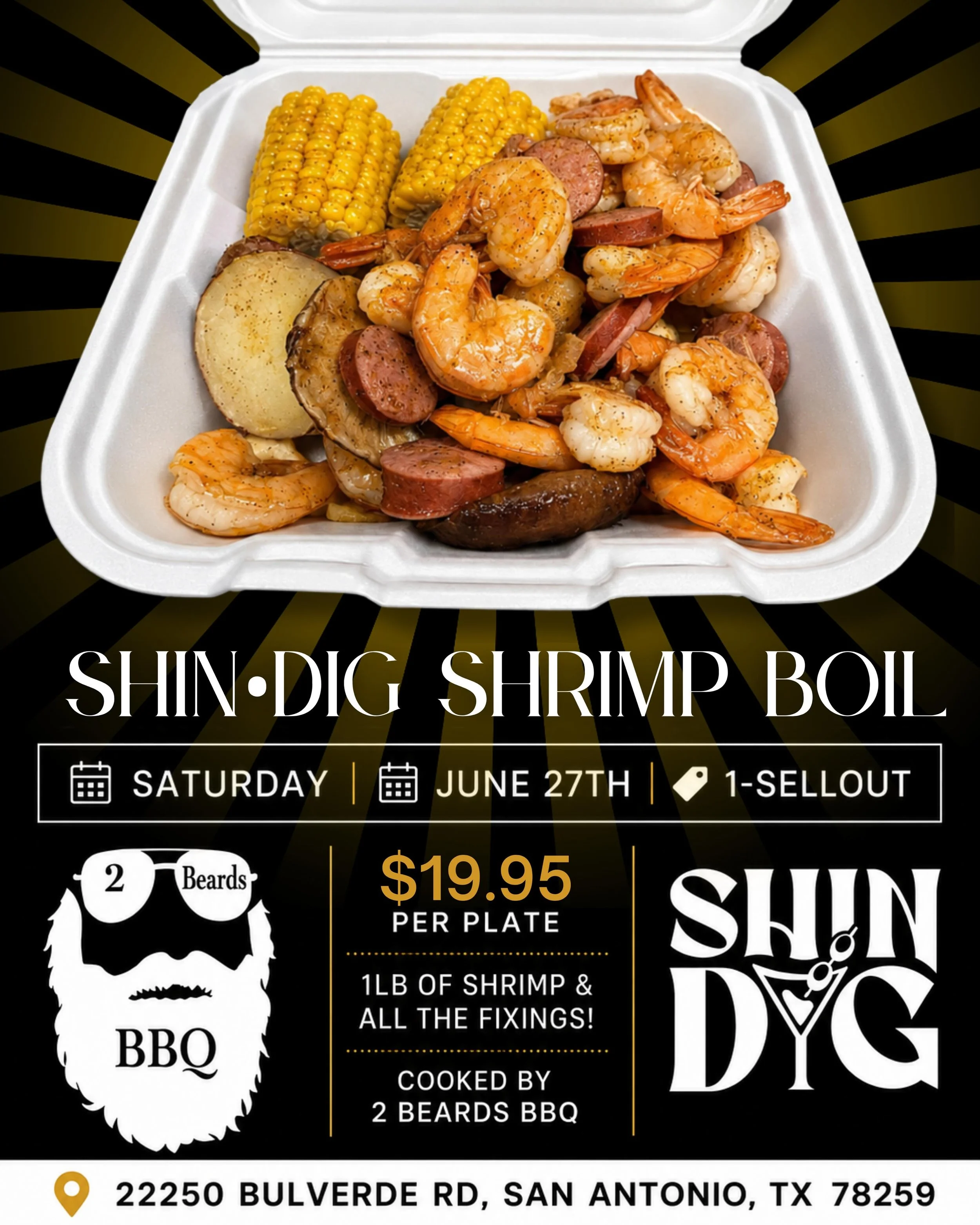 🦐 SHRIMP BOIL AT SHINDIG 🦐

Mark your calendars for Saturday, June 27th! Starting at 1 PM until sellout, enjoy a pound of shrimp and all the fixings for just $19.95.

Freshly cooked by 2 Beards BBQ and served up while it lasts. Grab your crew and c