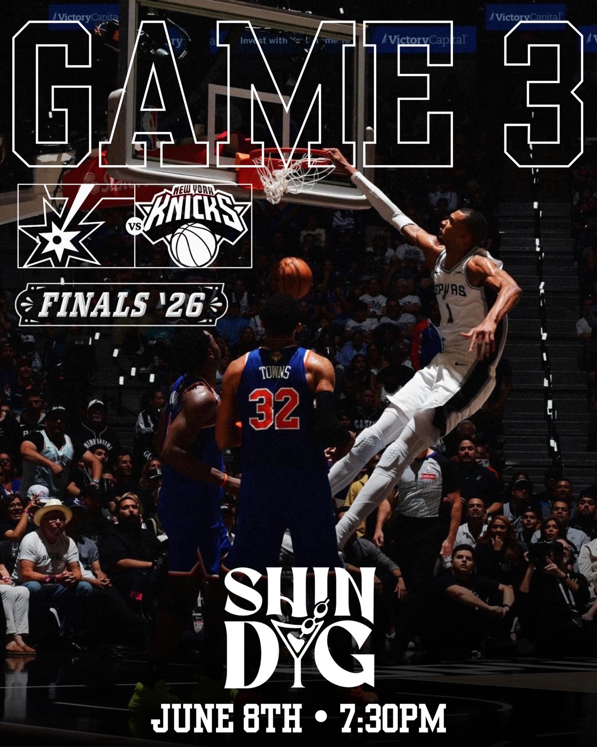 🏀🍻 FINALS NIGHT AT SHINDIG! 🍻🏀

Game 3 is on tonight, and we&rsquo;re ready for all the playoff energy.

Grab your favorite drink, settle in with your crew, and catch every second of the Spurs&rsquo; Finals run right here at Shindig.

📍 Shindig
