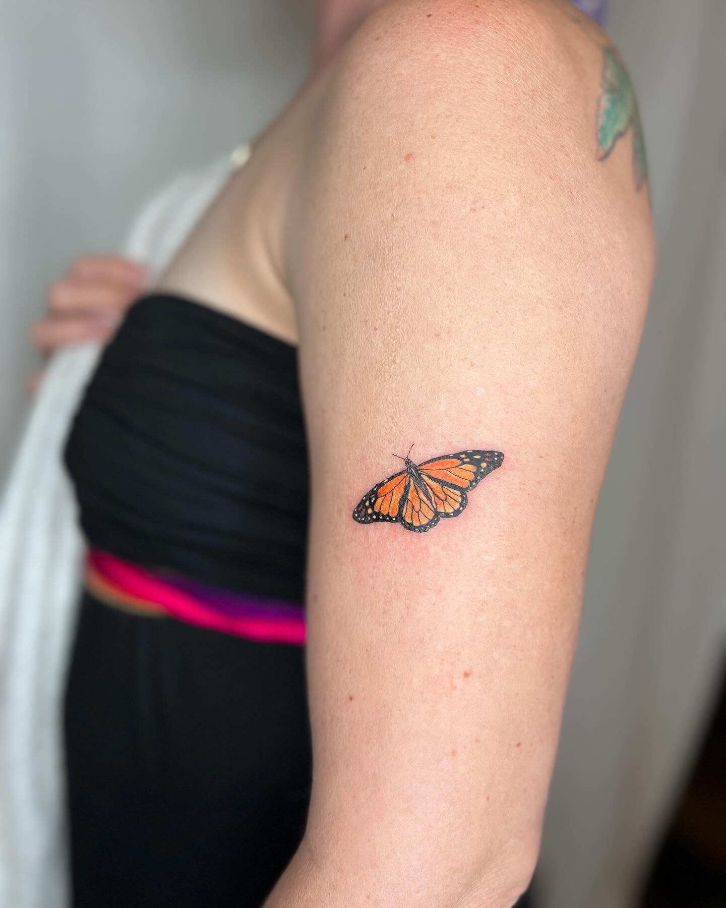 Garden party! 🪴🌷Monarch 🦋 froggy 🐸 ladybug 🐞 hanging out next to some of my earliest handpokes. Thank you Alli for your trust and friendship 💘 

I&rsquo;d love to do more custom full color pieces! 

Done @thesunroomla