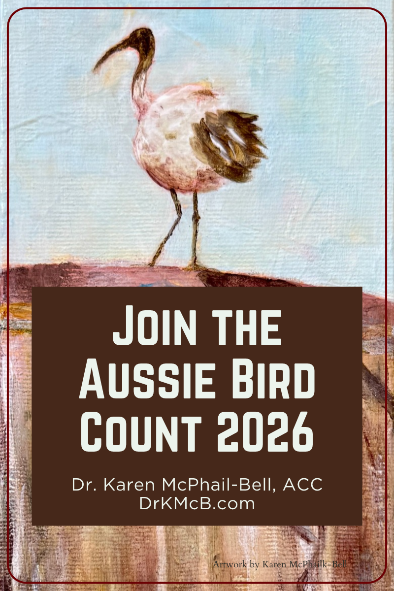 A painting of an ibis standing proudly on the top of a car, has the words 'join the aussie bird count 2026' written over the top