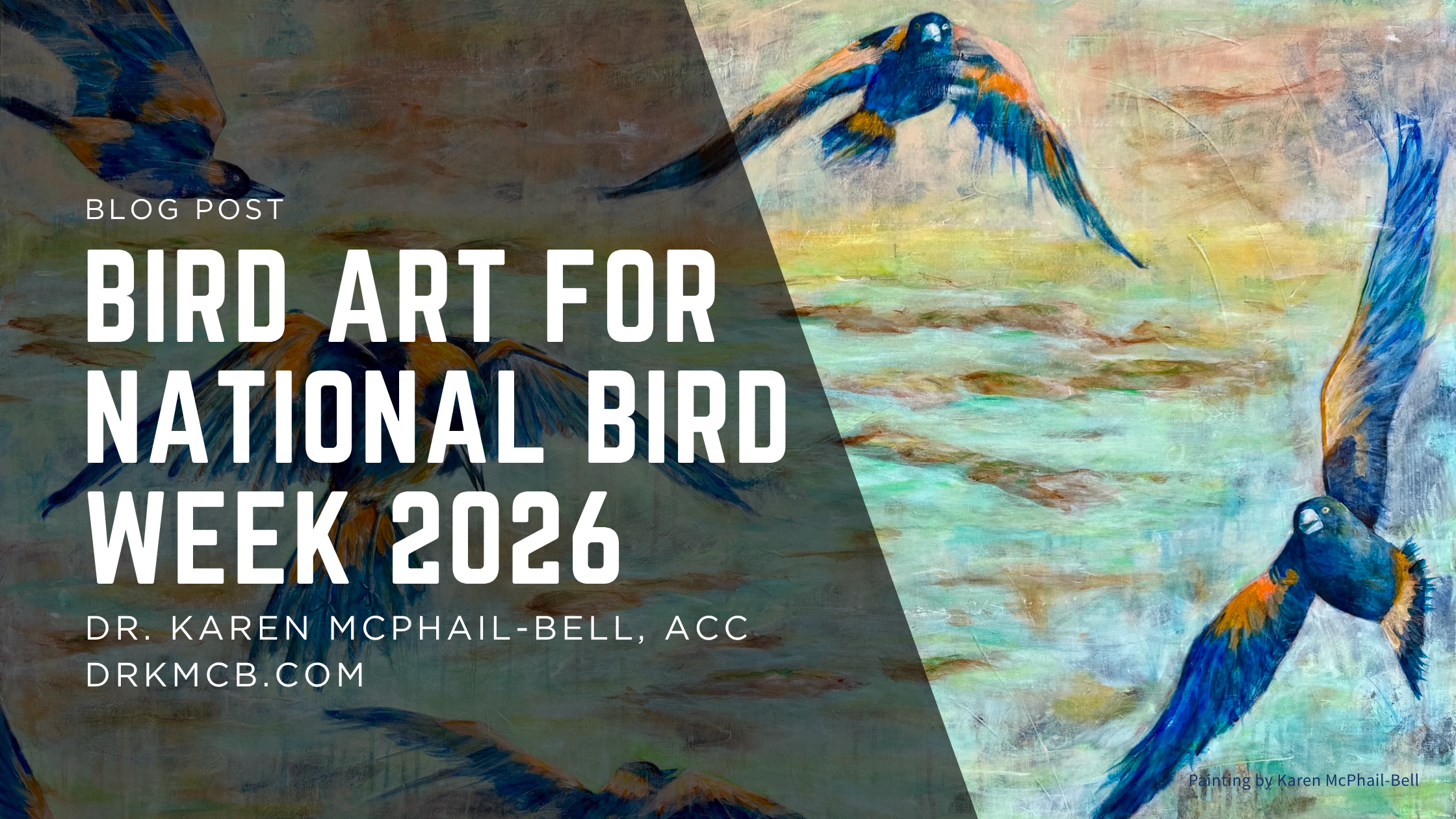 A painting of a group of high flying blue orange magpie bids have words written over the top: Bird art for national bird week 2026. Colourful bird art by Karen McPhail-Bell