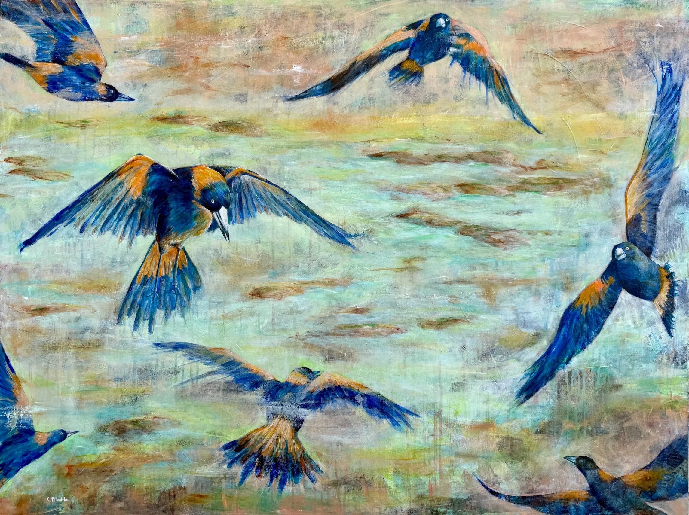 Expressionist painting of a group of blue orange birds flying high