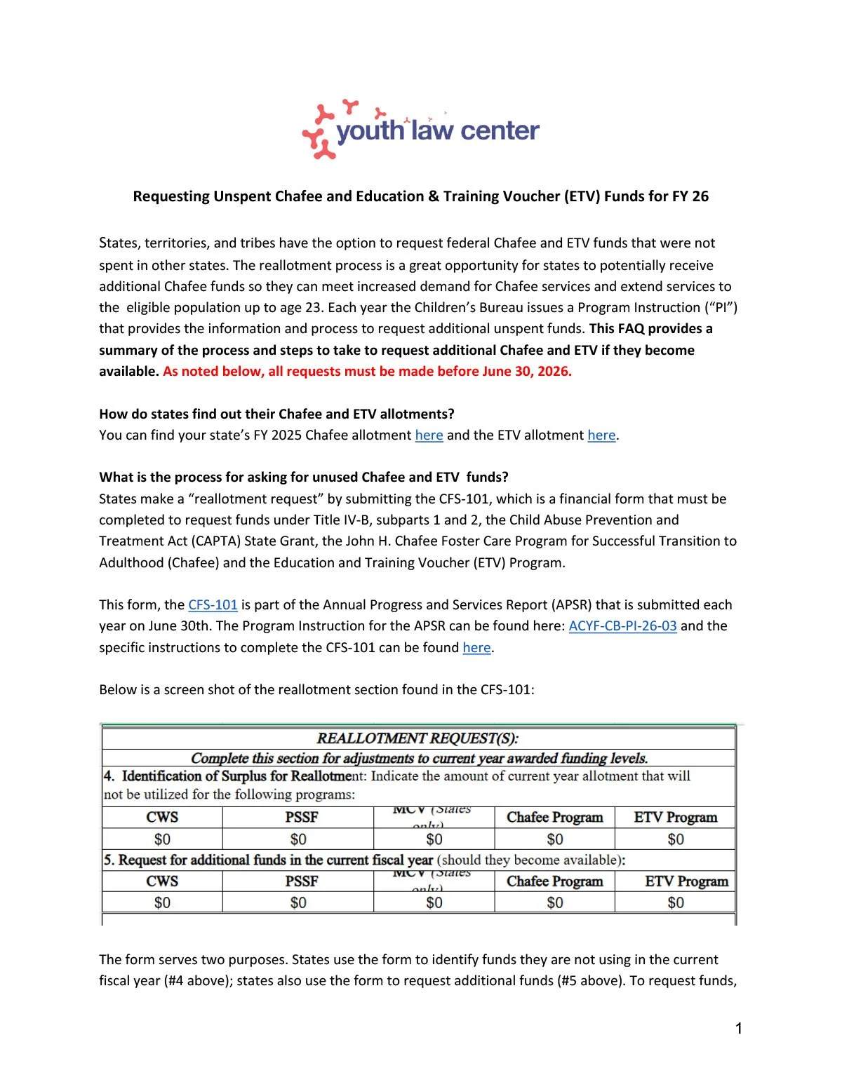 Requesting Unspent Chafee and Education &amp; Training Voucher (ETV) Funds for FY 26