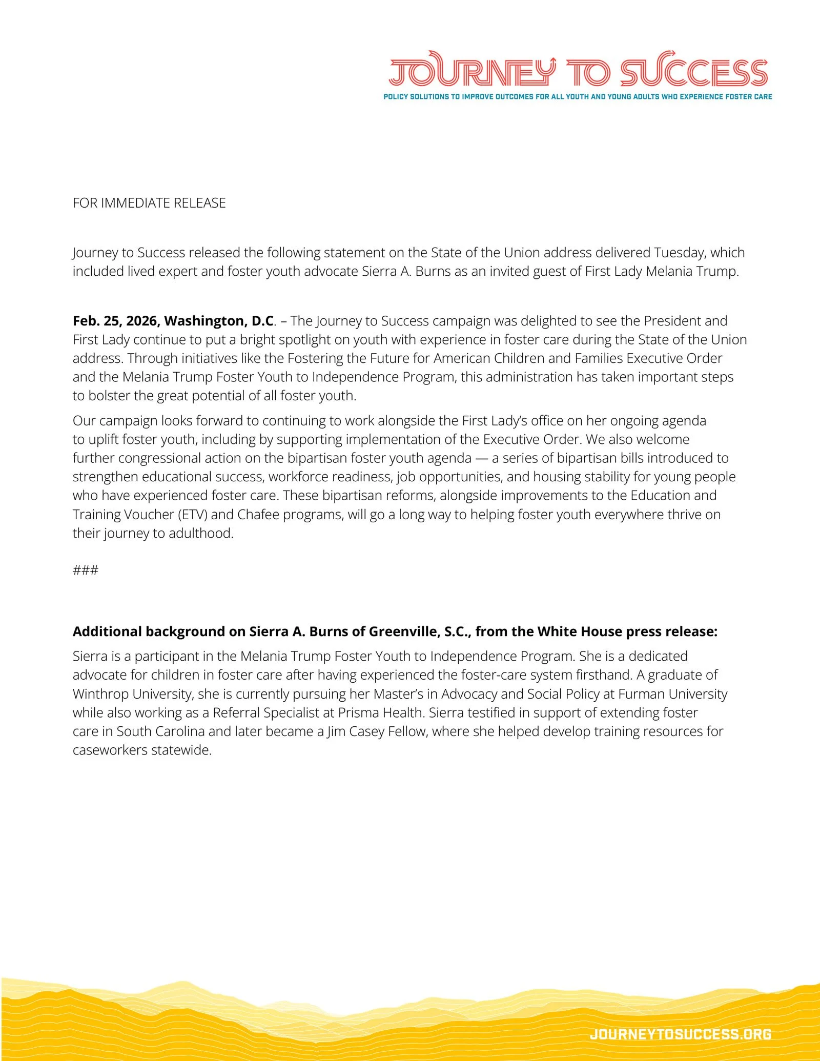 Journey to Success Statement on State of the Union Address