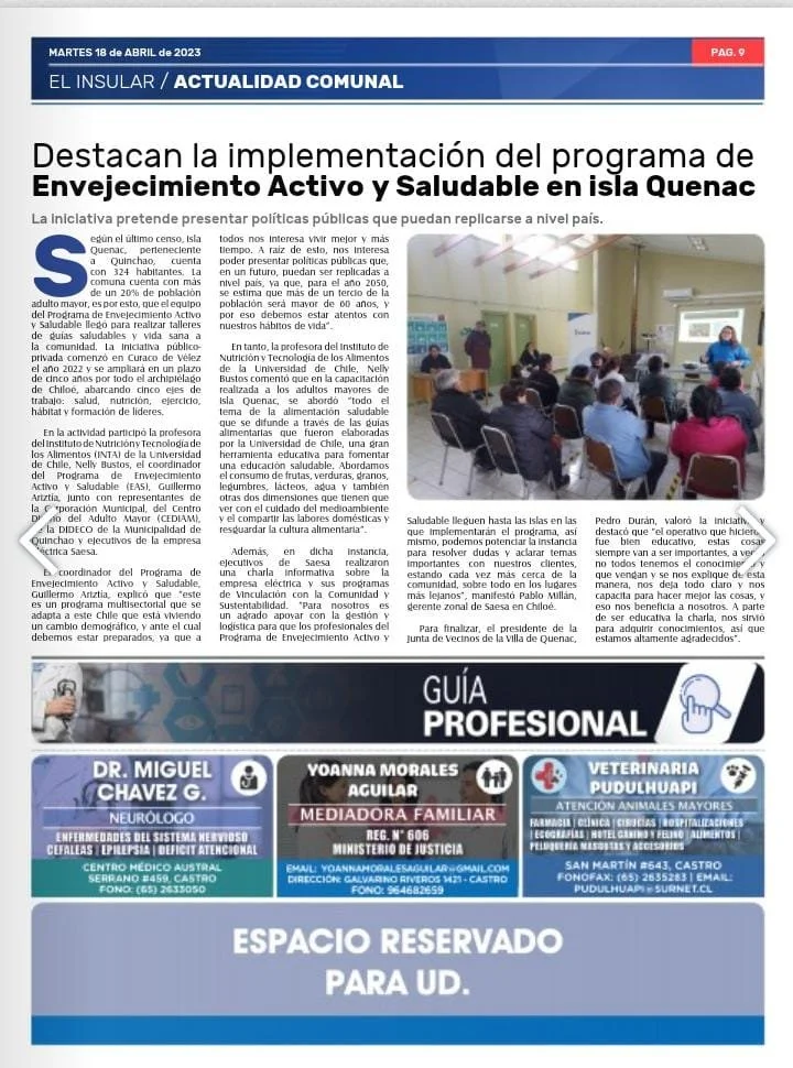 Diario Insular de Chiloé publica actividades del programa EAS en Isla Quenac