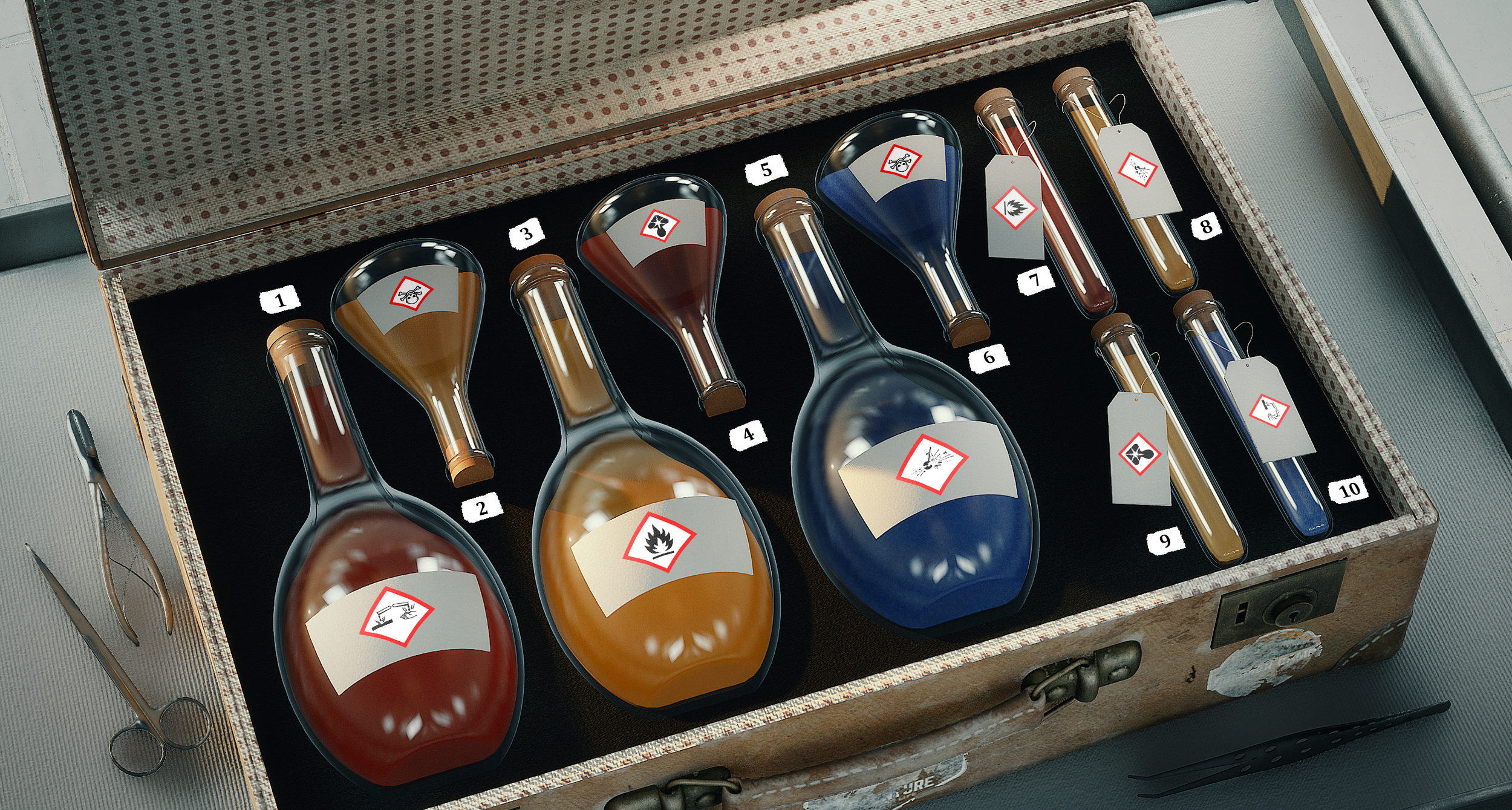 A challenge I designed where the player must solve an "Einstein" logic puzzle to craft an antidote out of these noxious chemicals.