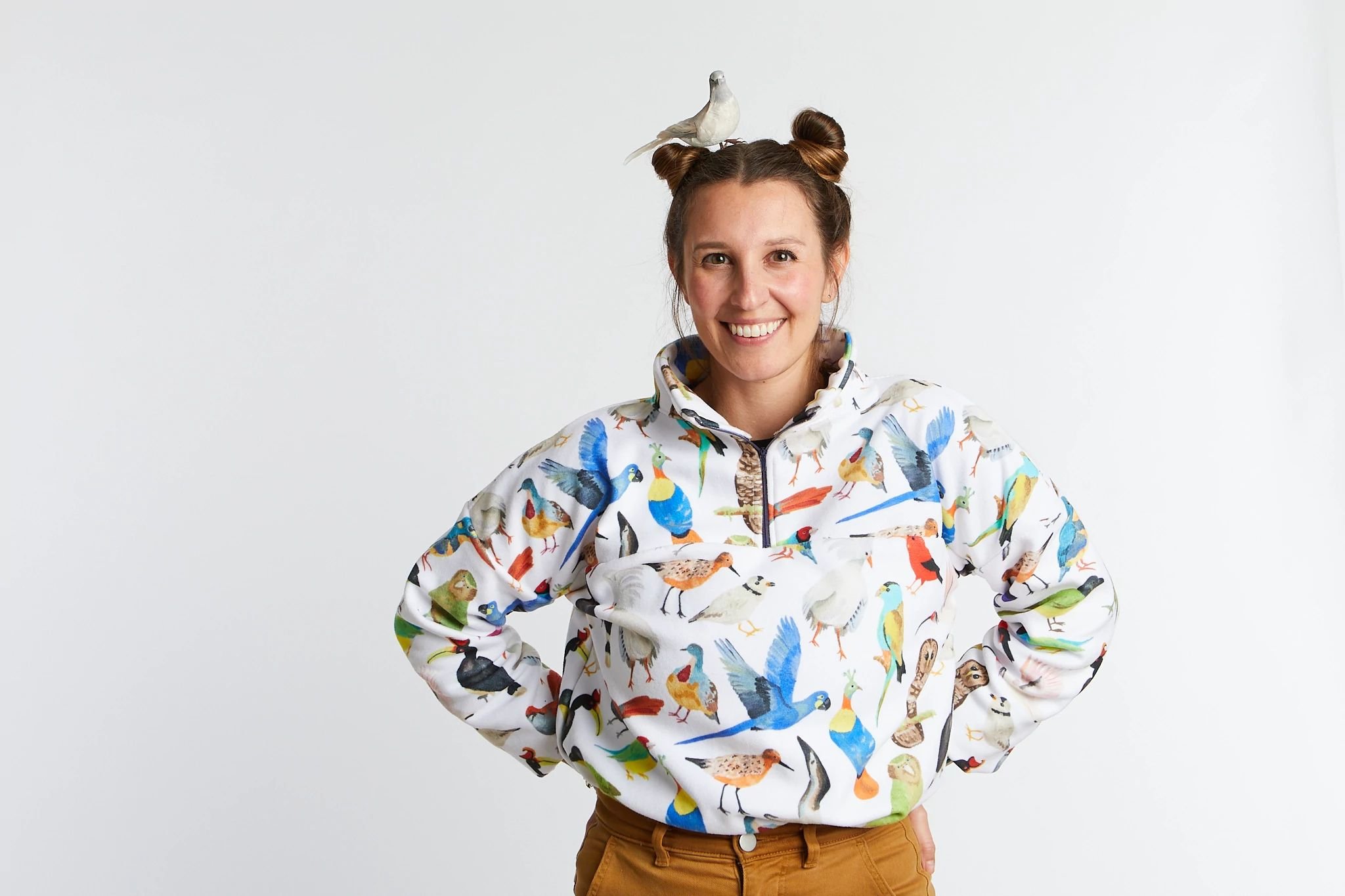 Amari Jacket by Seamwork Patterns sewn in Polartec Fleece from Spoonflower featuring the print "Endangered Birds" by Anja Riebensahm
