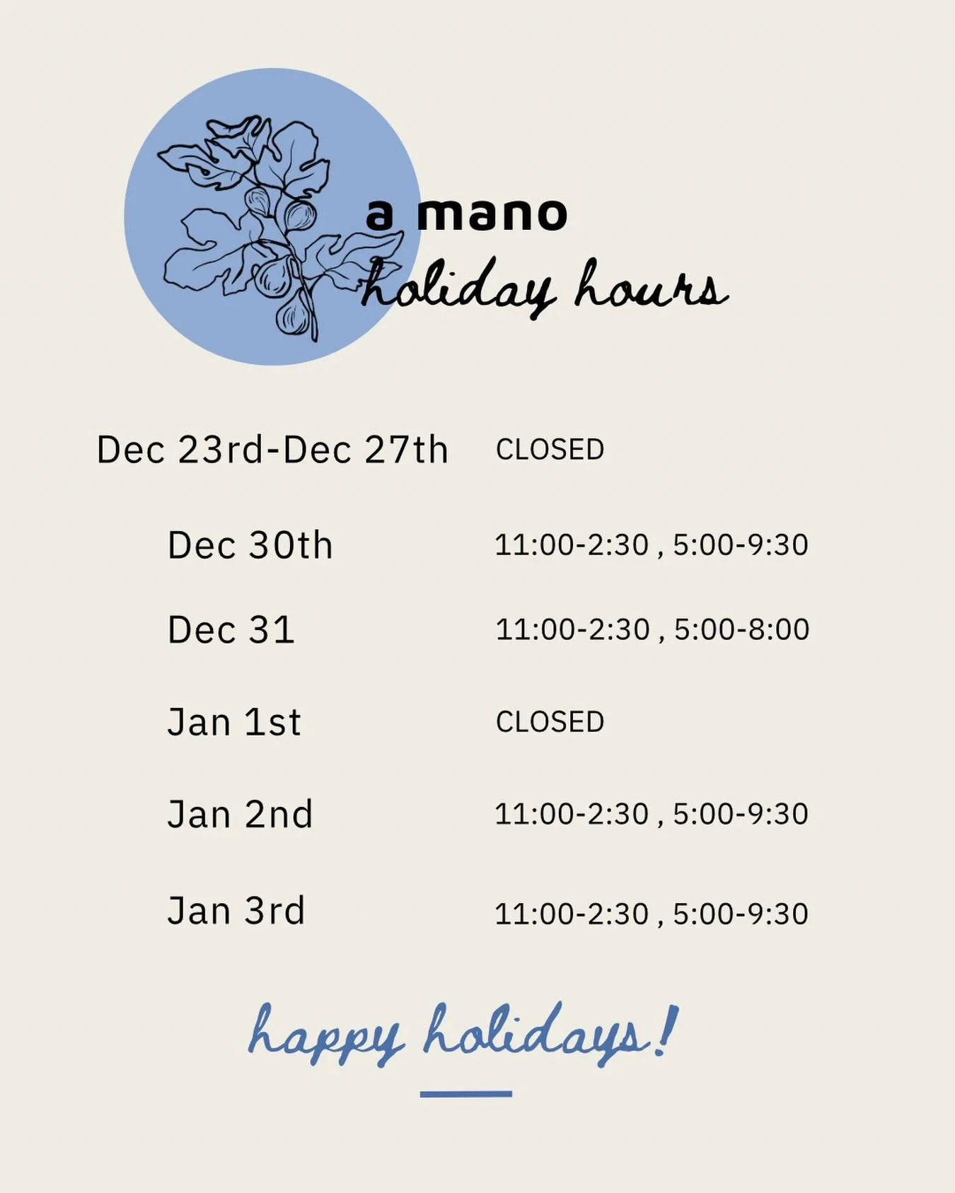 ✨ holiday hours update! ✨

we&rsquo;ll be taking our annual holiday break the week of December 23rd and will return to regular service on Tuesday, December 30th.

and exciting news&hellip; for the first time, we&rsquo;ll be open on new year&rsquo;s e