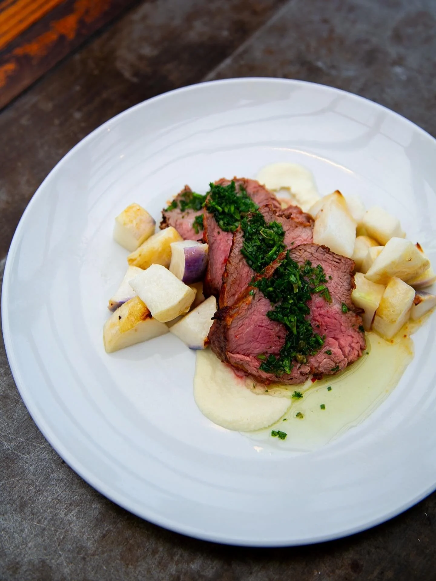 we&rsquo;re back from break and ready to feed you! join us tonight and try our new tri-tip steak set with chimichurri, onion soubise, and hakurei turnips 💛