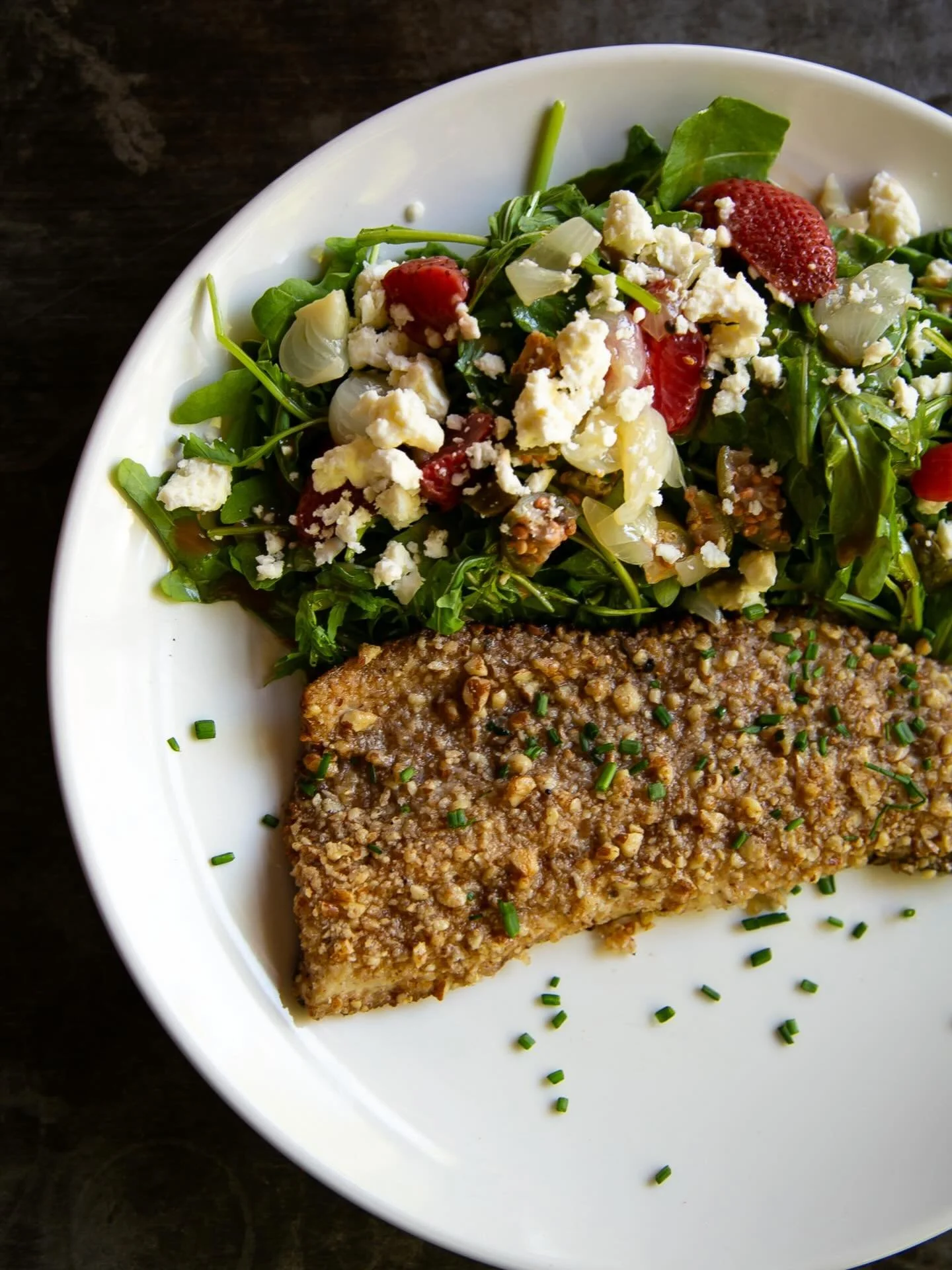 Pecan crusted Red Trout 😋 Our chef&rsquo;s latest culinary delight! This fun spring dish is so delicious and paired with a light fresh salad of seasonal goodies. Join us tonight to try it out for yourself! No reservation, no problem&hellip;our bar i