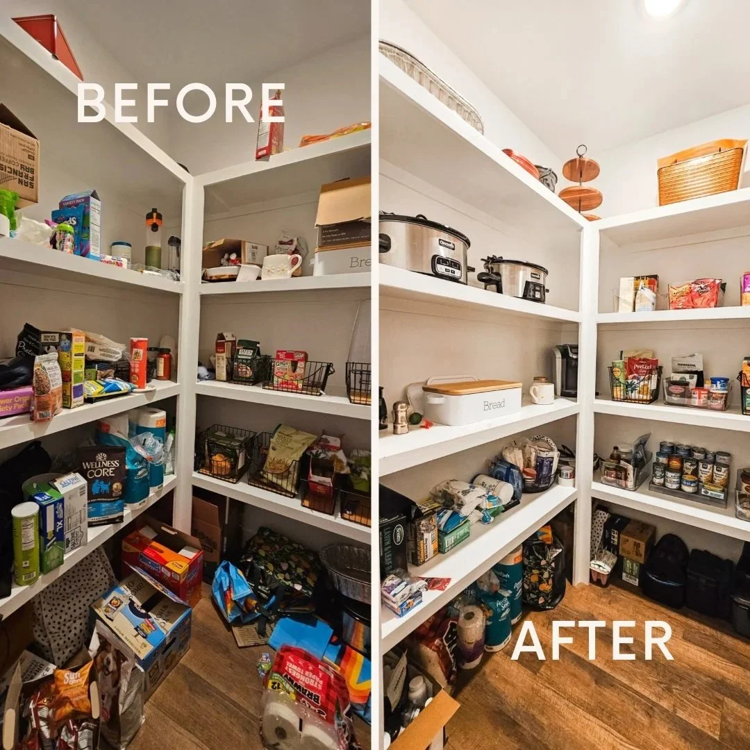 A before and after of pantry in Columbia South Carolina. Clear and wire bins were used. 