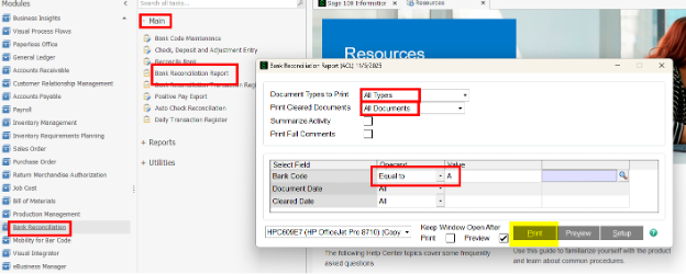 An image showing the file path of how to begin with the process of purging cleared transactions from Bank Reconciliation in Sage 100