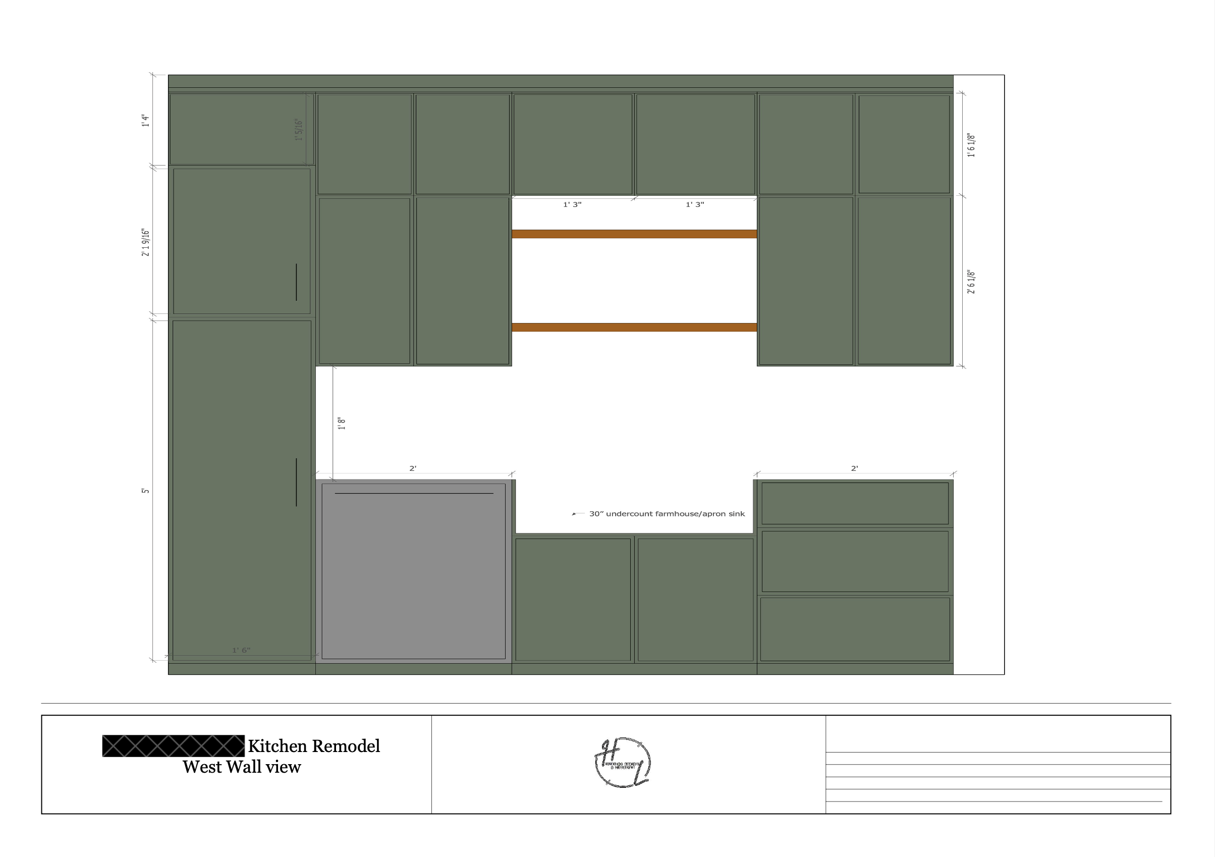 Floor plan of a kitchen remodel, West Wall view, showing cabinets, an undercount farmhouse/apron sink, and measurements.