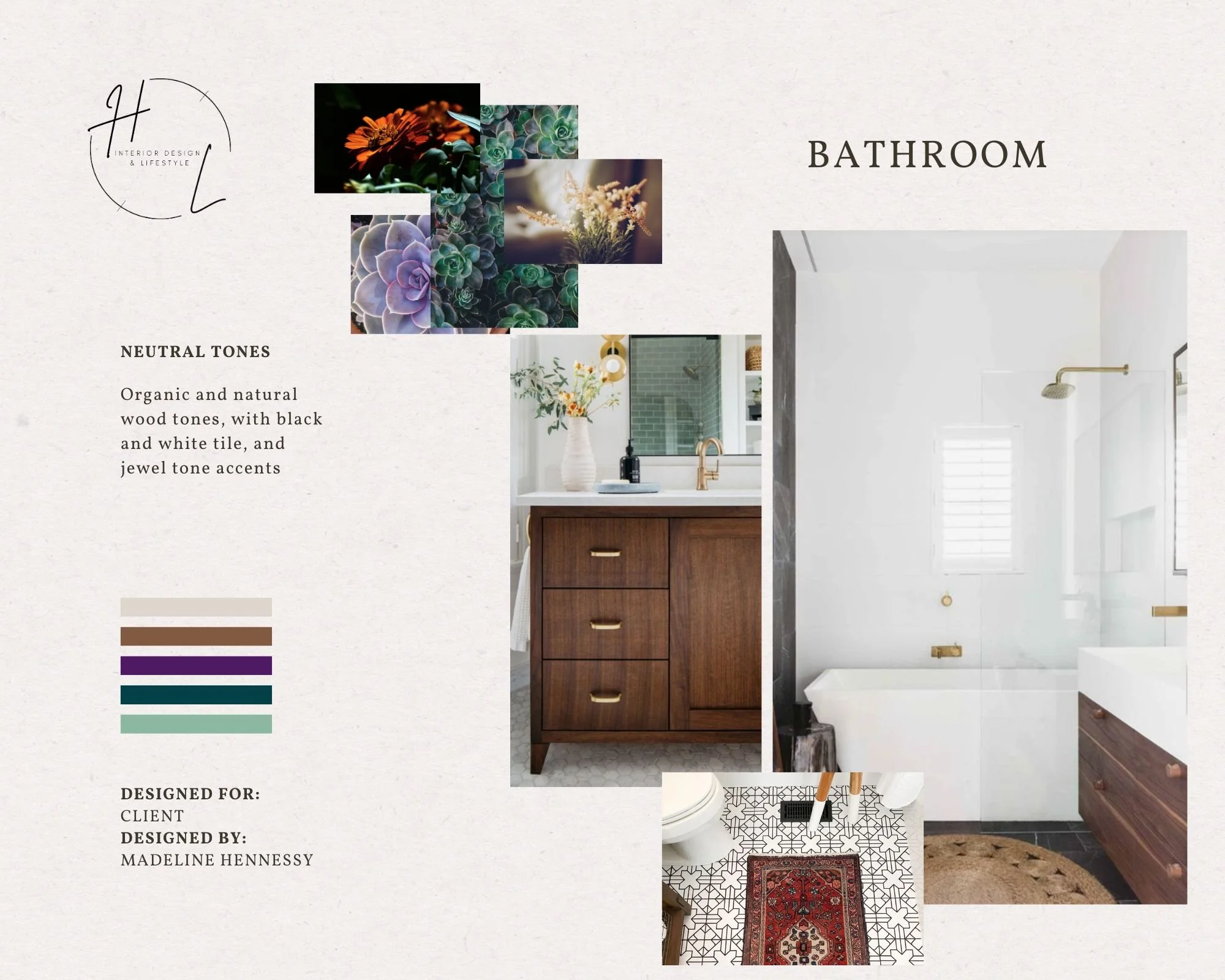 Interior design presentation board focusing on bathroom decor, featuring photos of bathroom elements, plant arrangements, and color palette inspired by neutral tones.