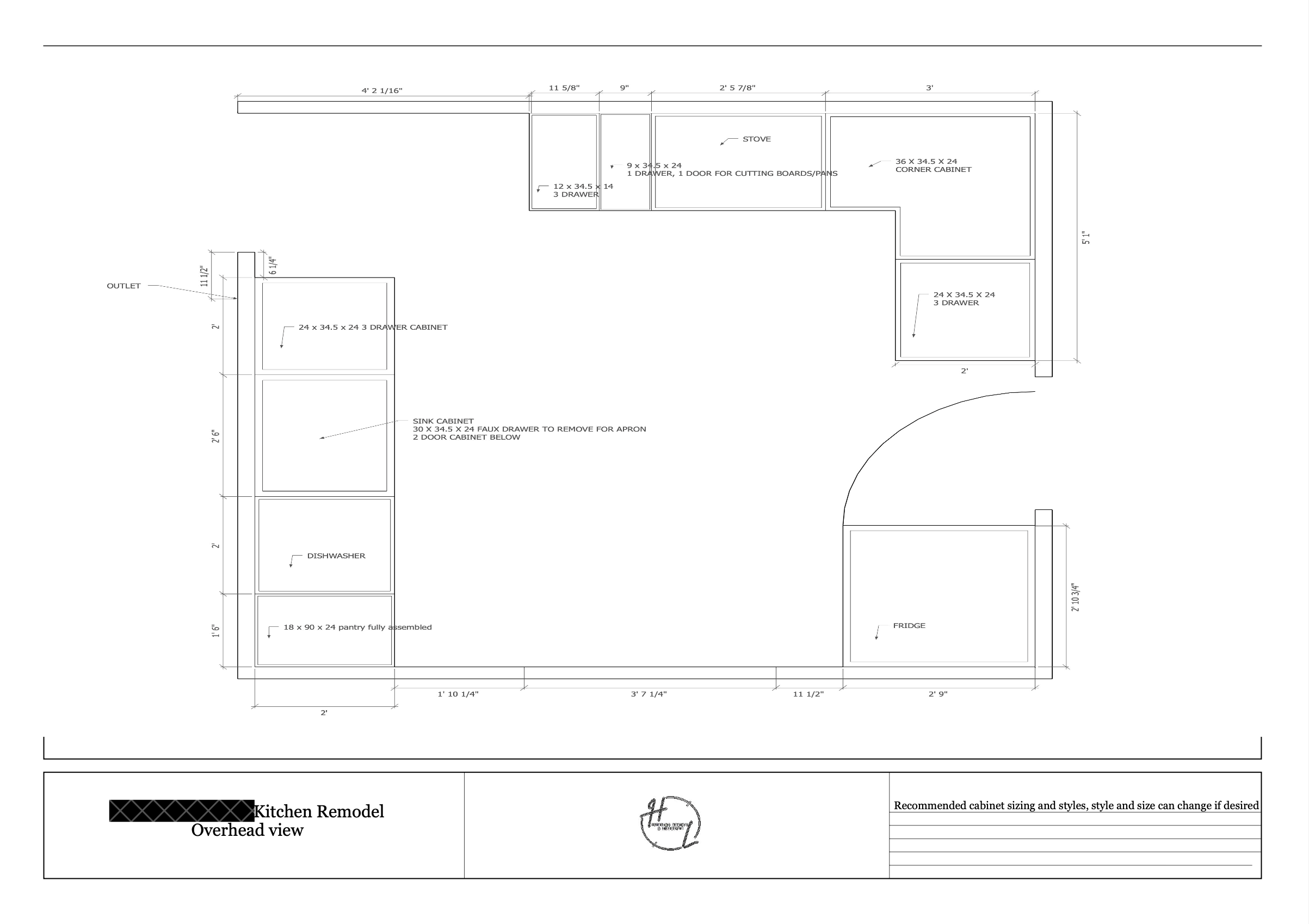 Kitchen remodeling overhead cabinet layout with dimensions and labels for appliances and cabinets.