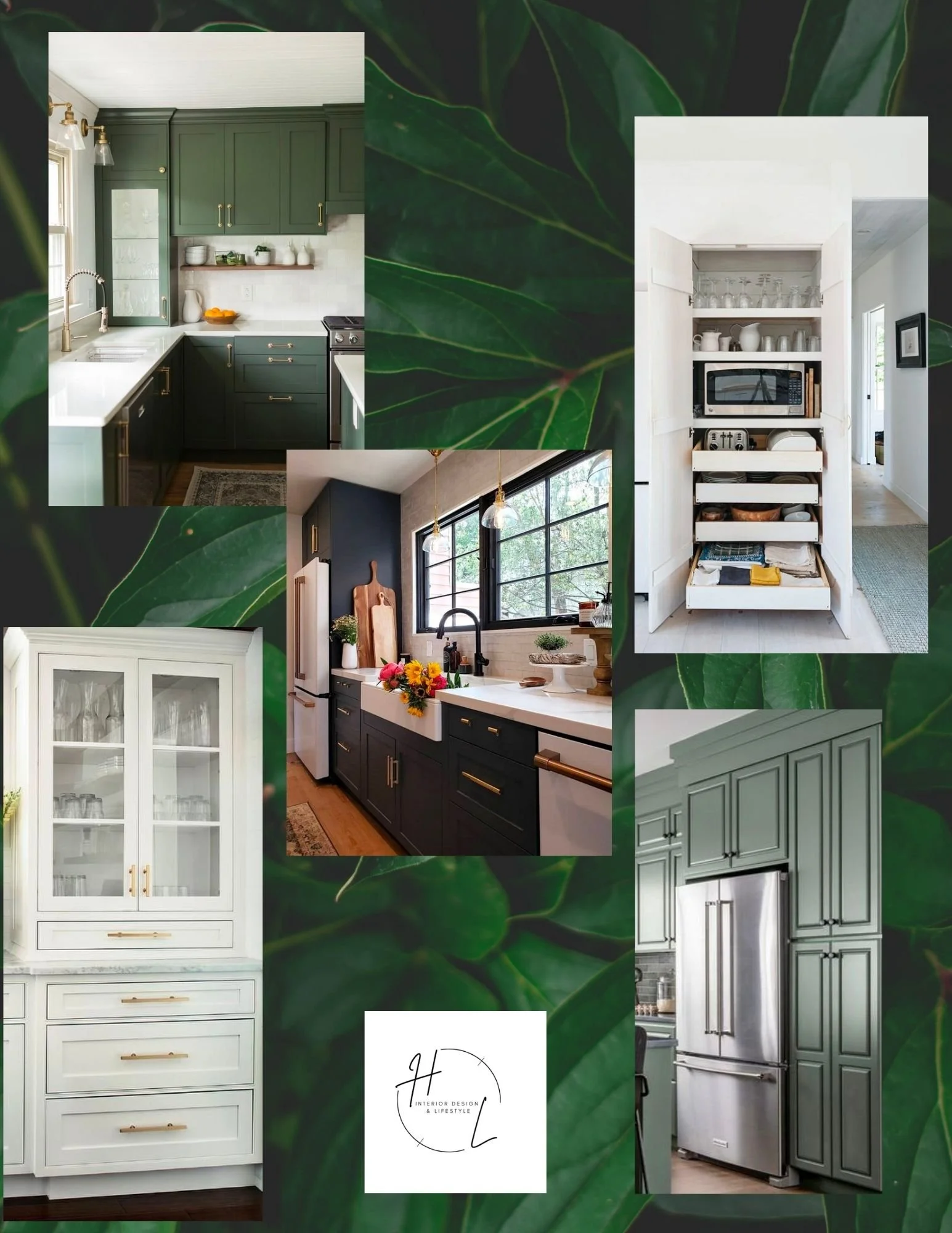 Collage of kitchen interior design photos featuring green and white cabinetry, a white open shelving unit, a windowed kitchen with dark cabinets, a white china cabinet, and a stainless steel refrigerator, set against a leafy green plant background.