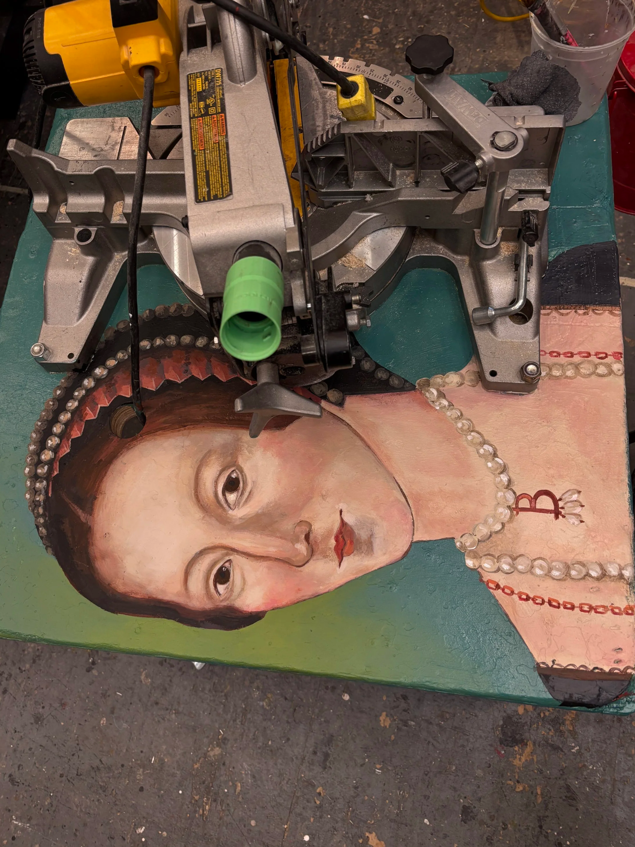 Anne Boleyn Portrait on a Chop Saw, Acrylic, 2026