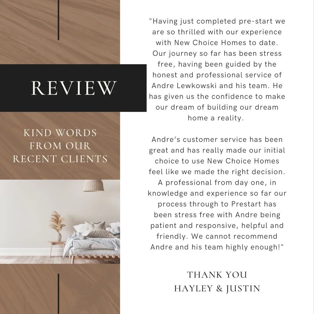 Thanks for the review Hayley and Justin 🙌

#newchoicehomes #perthlife #perthsmallbusiness #urbanlist #perthproperty #wabuilders #perthhouses #perthisok #houseandlandpackages #firsthomebuyers #firsthomebuyersperth #firsthome #construction #perthconst
