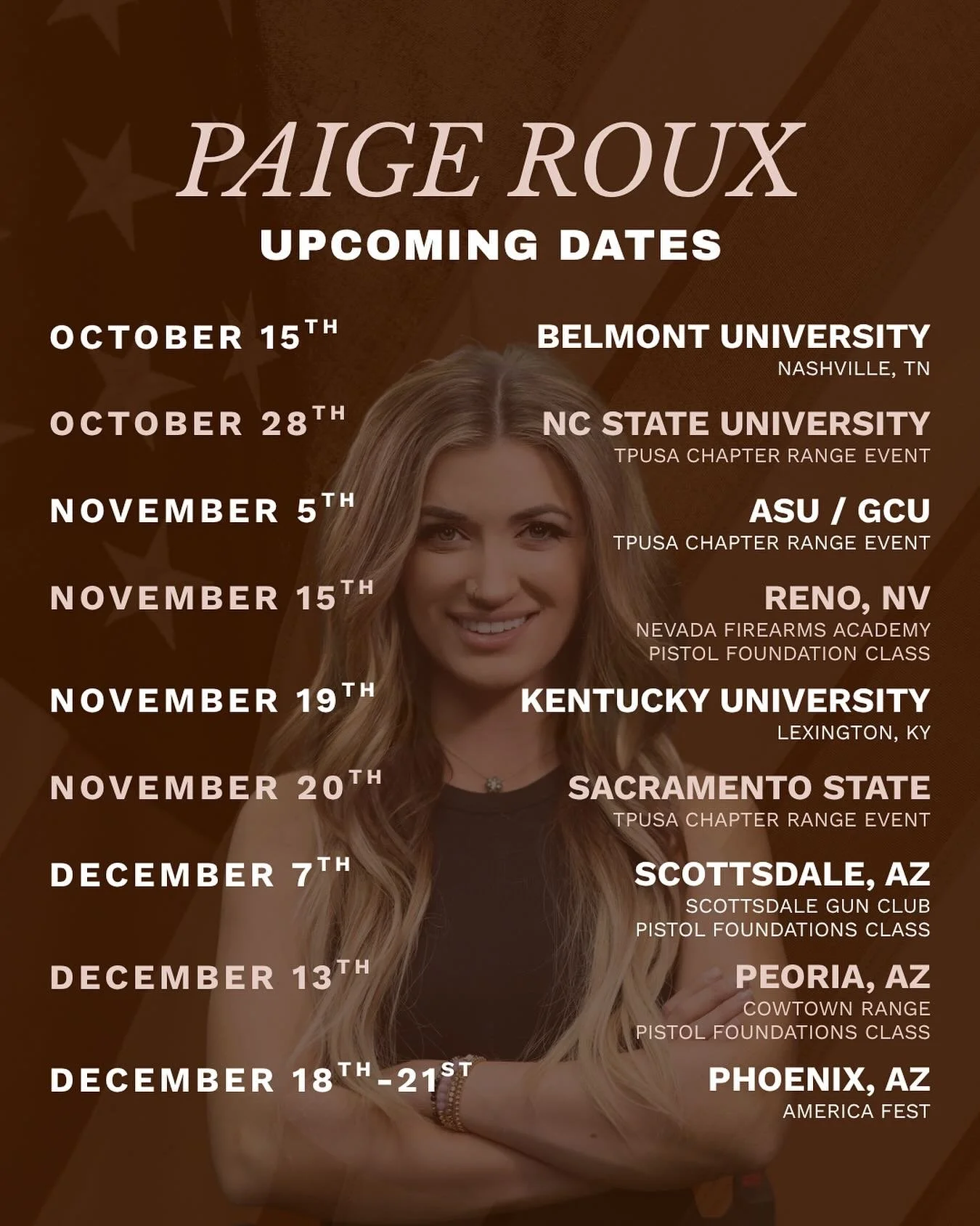 Schedule includes college campus speaking events, chapter only range events, and training courses through December 2025! Come see me!

*DOES NOT INCLUDE PRIVATE LESSON DATES*