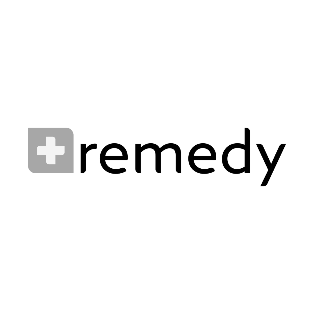 Black text 'remedy' with a gray medical cross in a square to the left, on a white background.