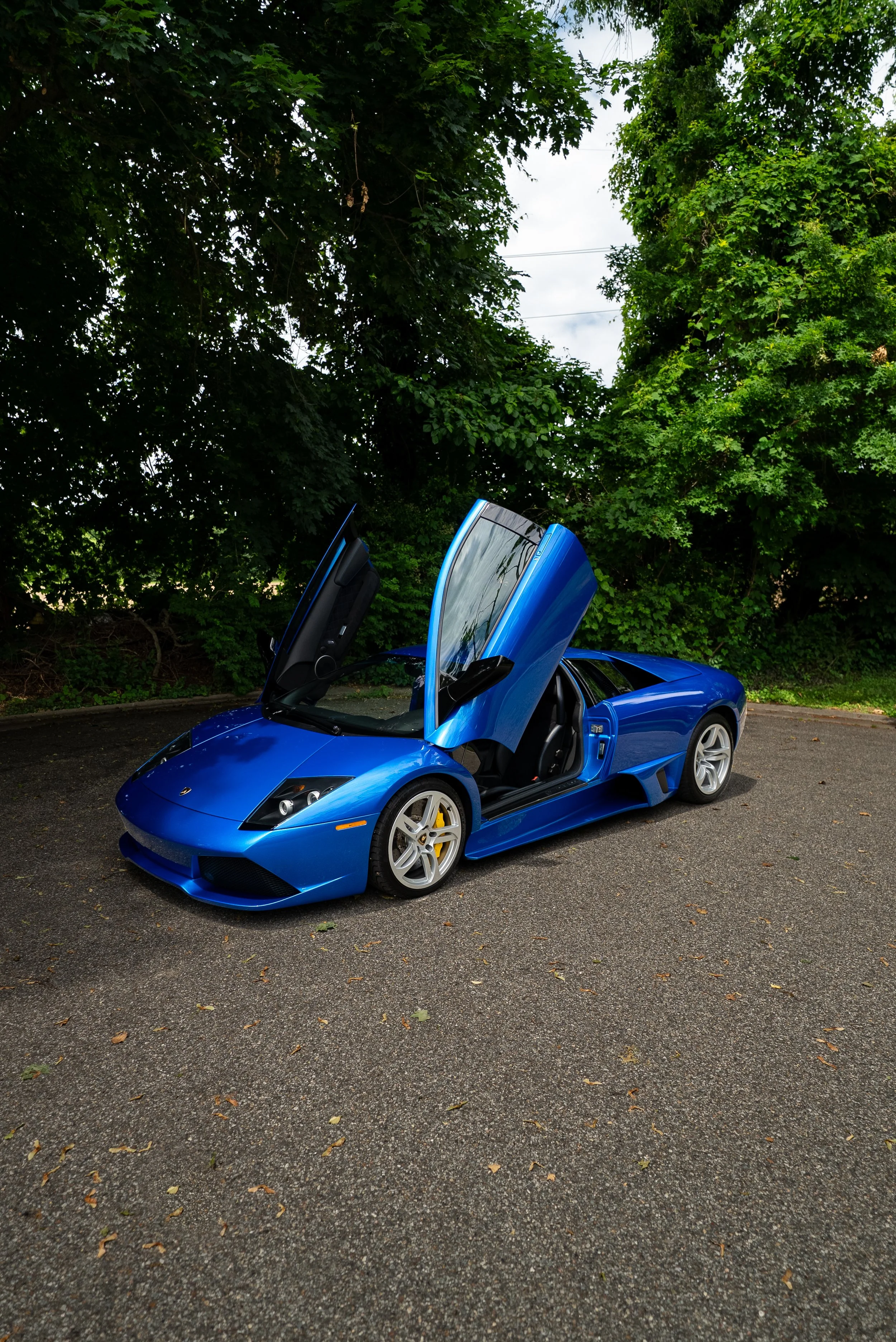 A blue luxury sports car with open driver side and passenger side doors, parked on a paved surface with green trees in the background.