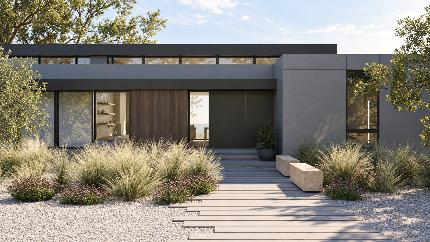 Modern house frontage with pathway, ornamental grasses, small shrubs, and minimalist concrete benches.