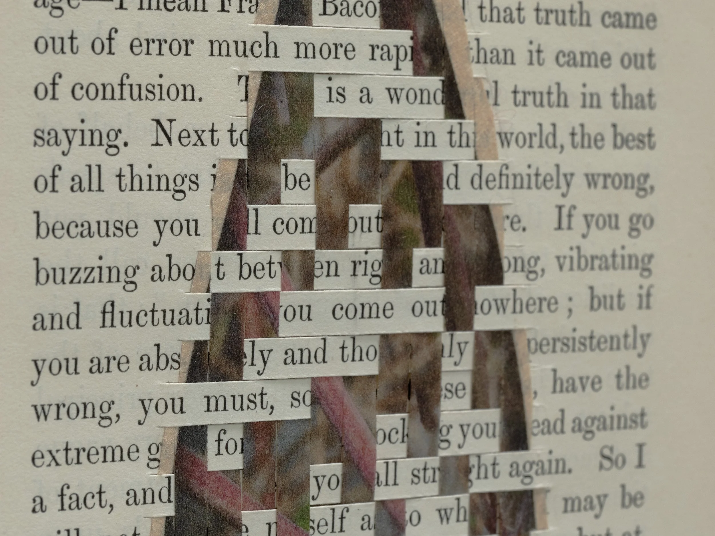 Detail of Eight book pages collaged into one long page with a bullet-shaped pattern woven into the text.