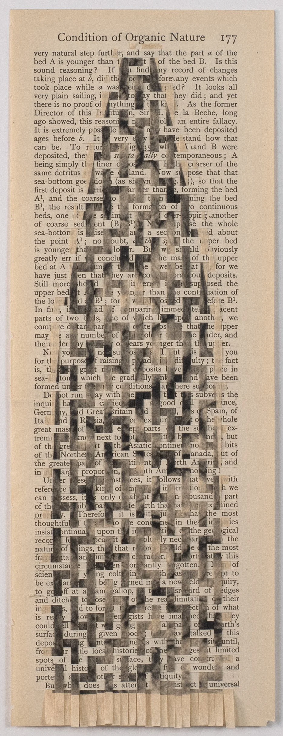 Strips of photographs printed on Japanese paper woven into hand cut vintage book pages