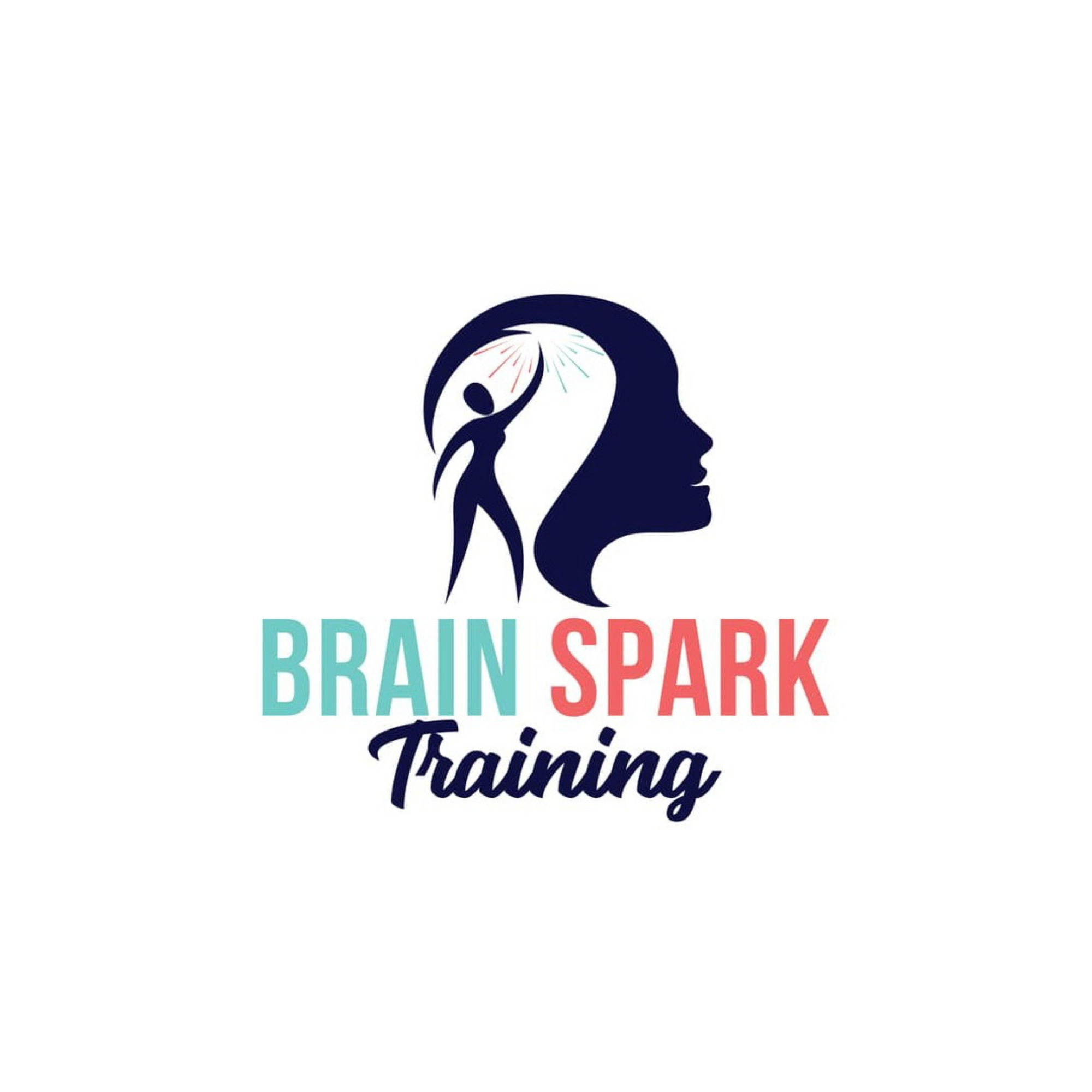 Graphic with a silhouette of a woman's head in profile, featuring a figure reaching upward inside the head with fireworks-like sparks, and text that reads 'Brain Spark Training' in colorful letters.