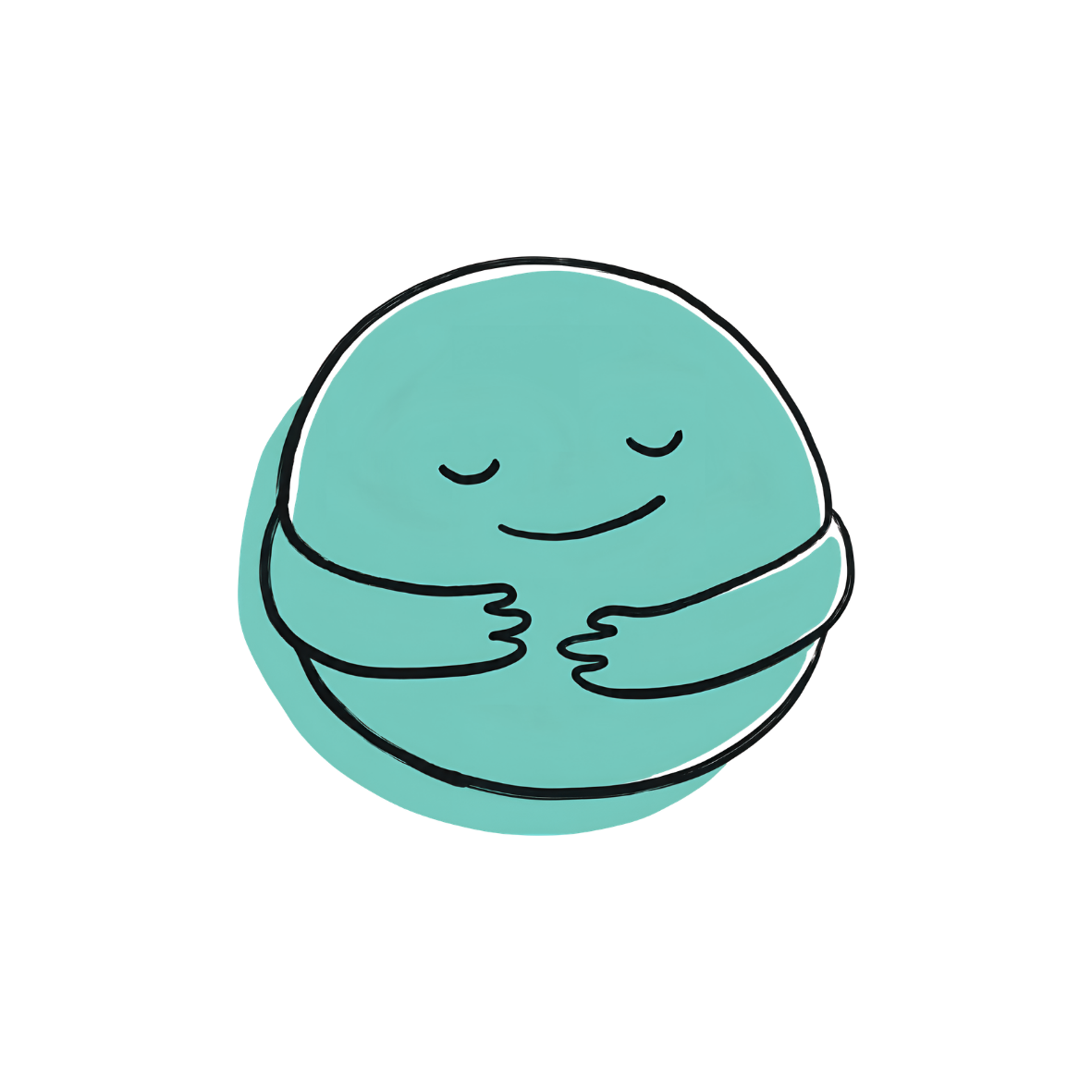 A cute, round, teal-colored character with a smiling face, closed eyes, and arms crossed in a hug.