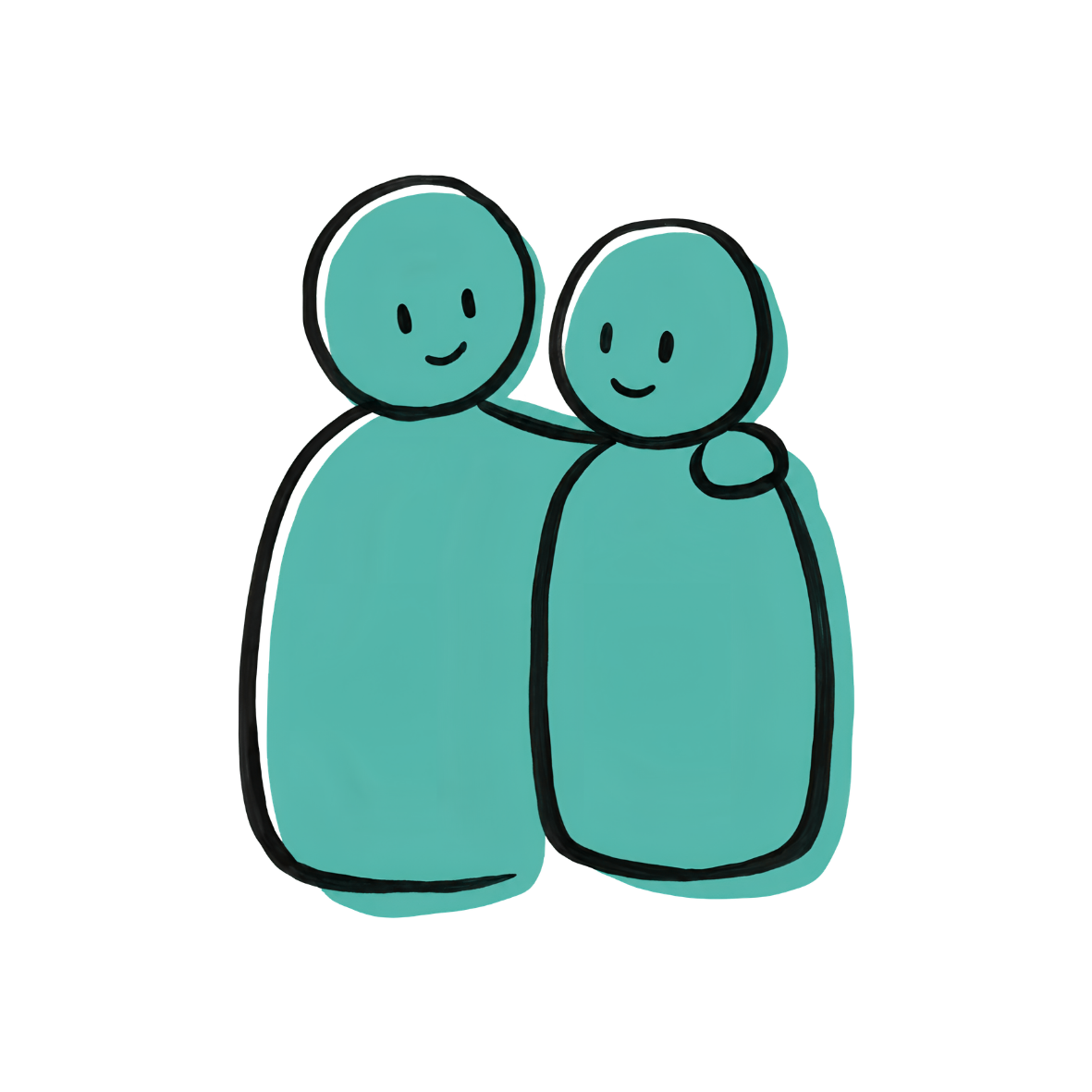 Drawing of two teal-colored abstract humanoid figures with smiling faces, one with an arm around the other's shoulder.