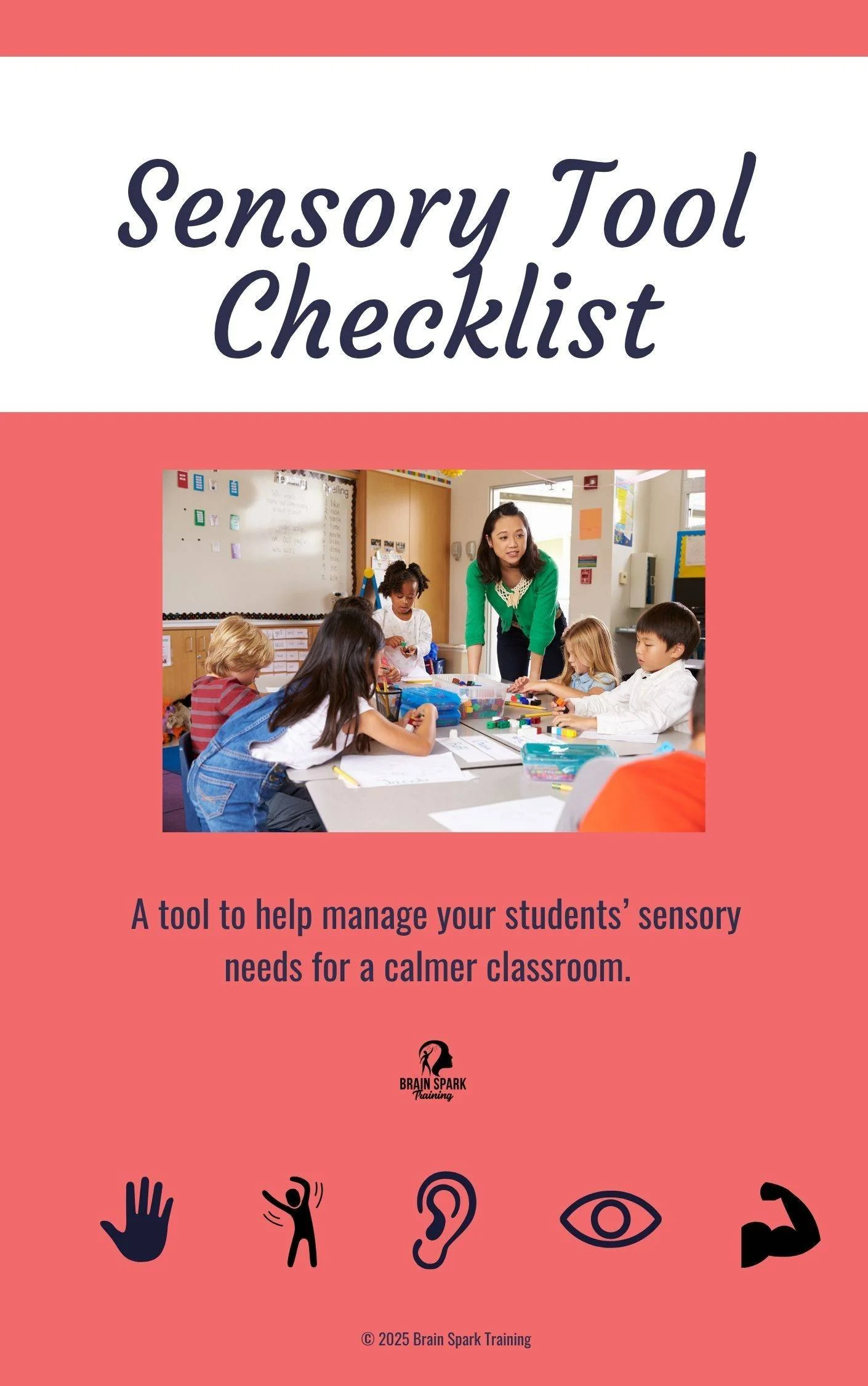 Cover page of a sensory tool checklist document featuring a classroom scene with children and a teacher, and icons representing different senses.