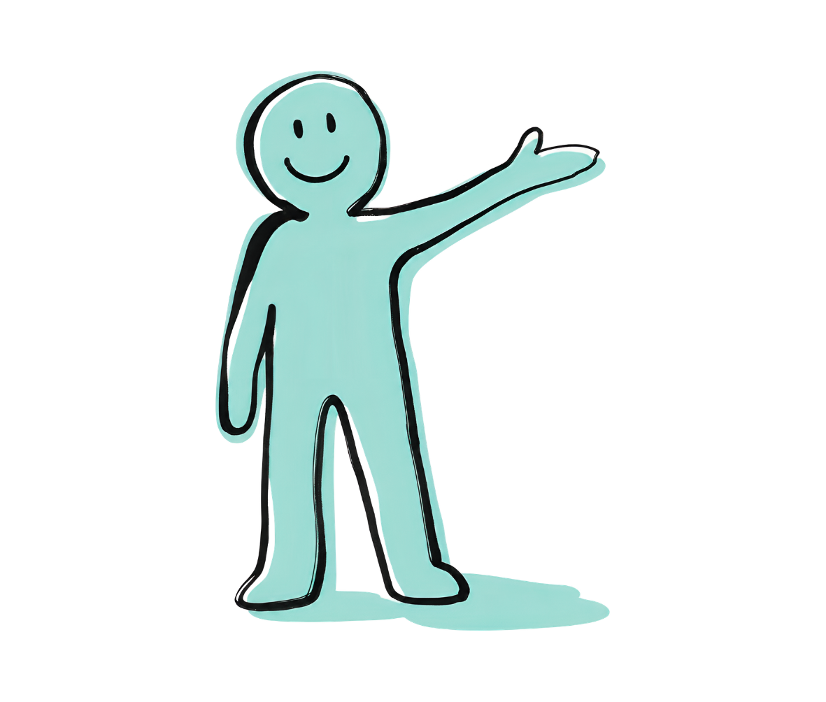 Simple cartoon drawing of a person with a smiling face, light blue body, and black outline, extending one arm outward.