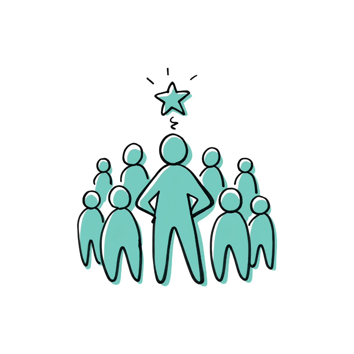 Illustration of a confident person standing with hands on hips in front of a group of people, with a star above their head.