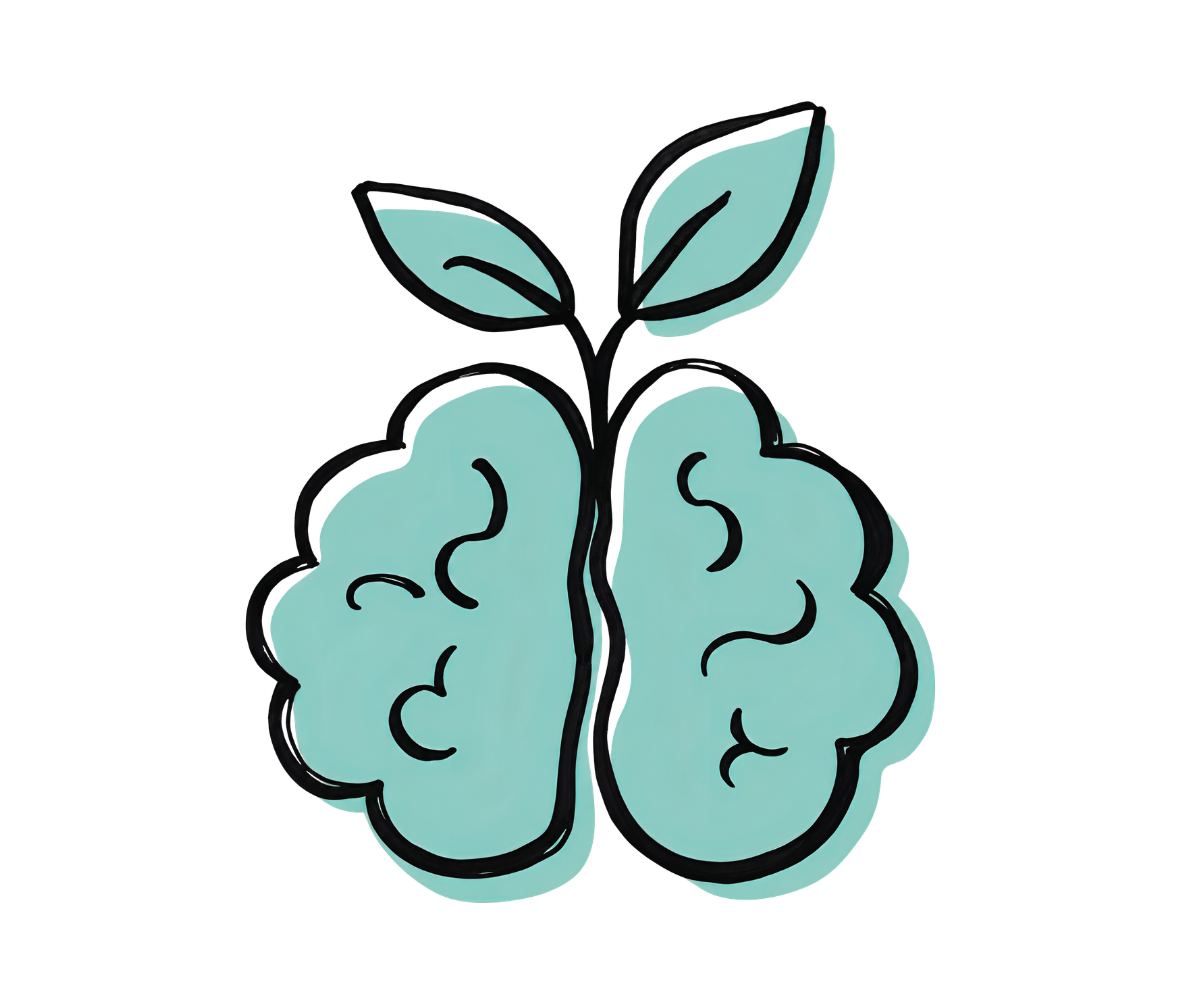 A stylized illustration of a brain with a small plant growing from the top, symbolizing growth and intelligence.