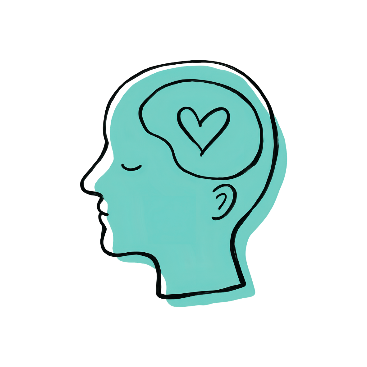 Line drawing of a profile of a person's head with a heart inside a speech bubble in the brain area.